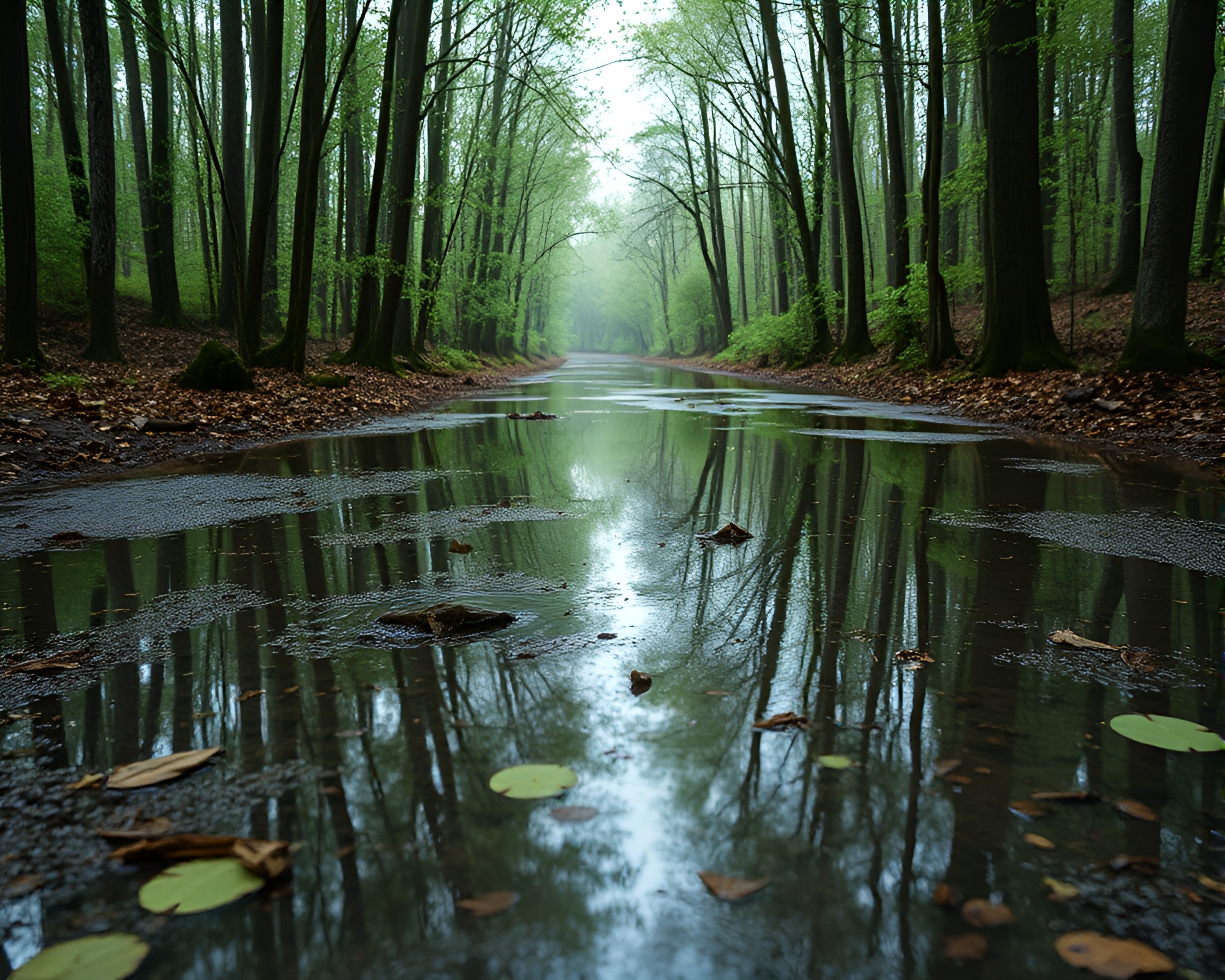 Quantum Forest Reflection: Toon Shade Puddle Composition – free AI stock image