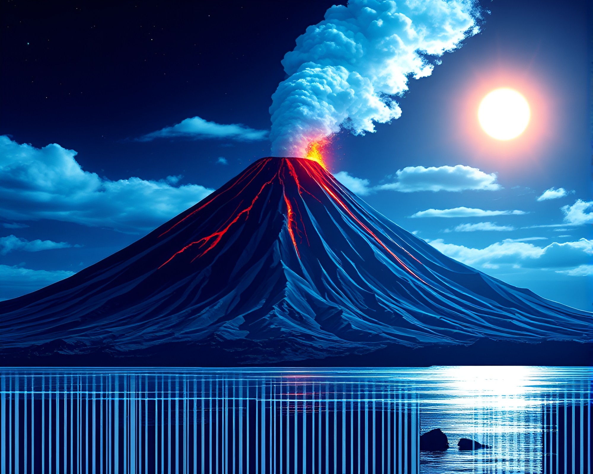 Barcode Striped Volcanic Island in Ultraviolet Glow – free AI stock image