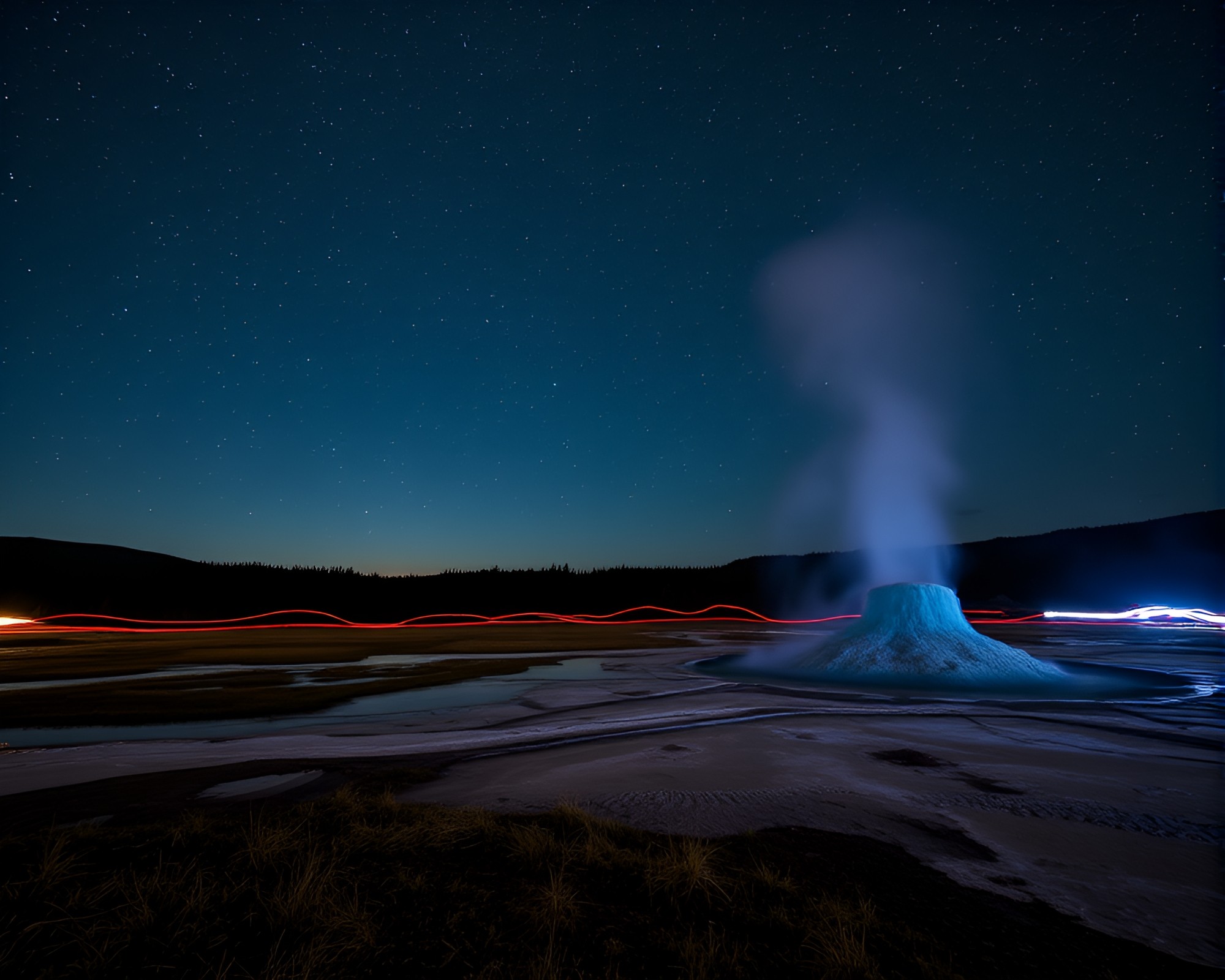 Majestic Geyser Field Under Starlit Light Trails – free AI stock image