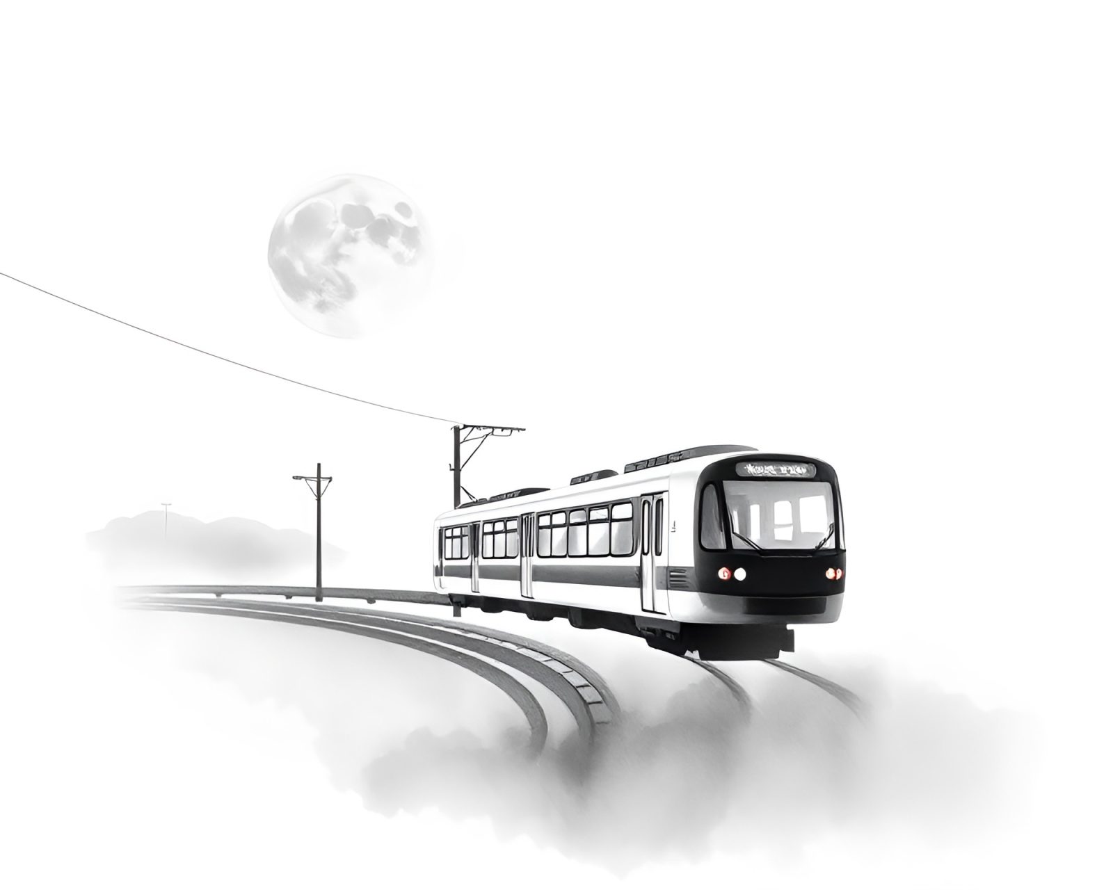 Sleek monorail glides through serene gray watercolor landscape