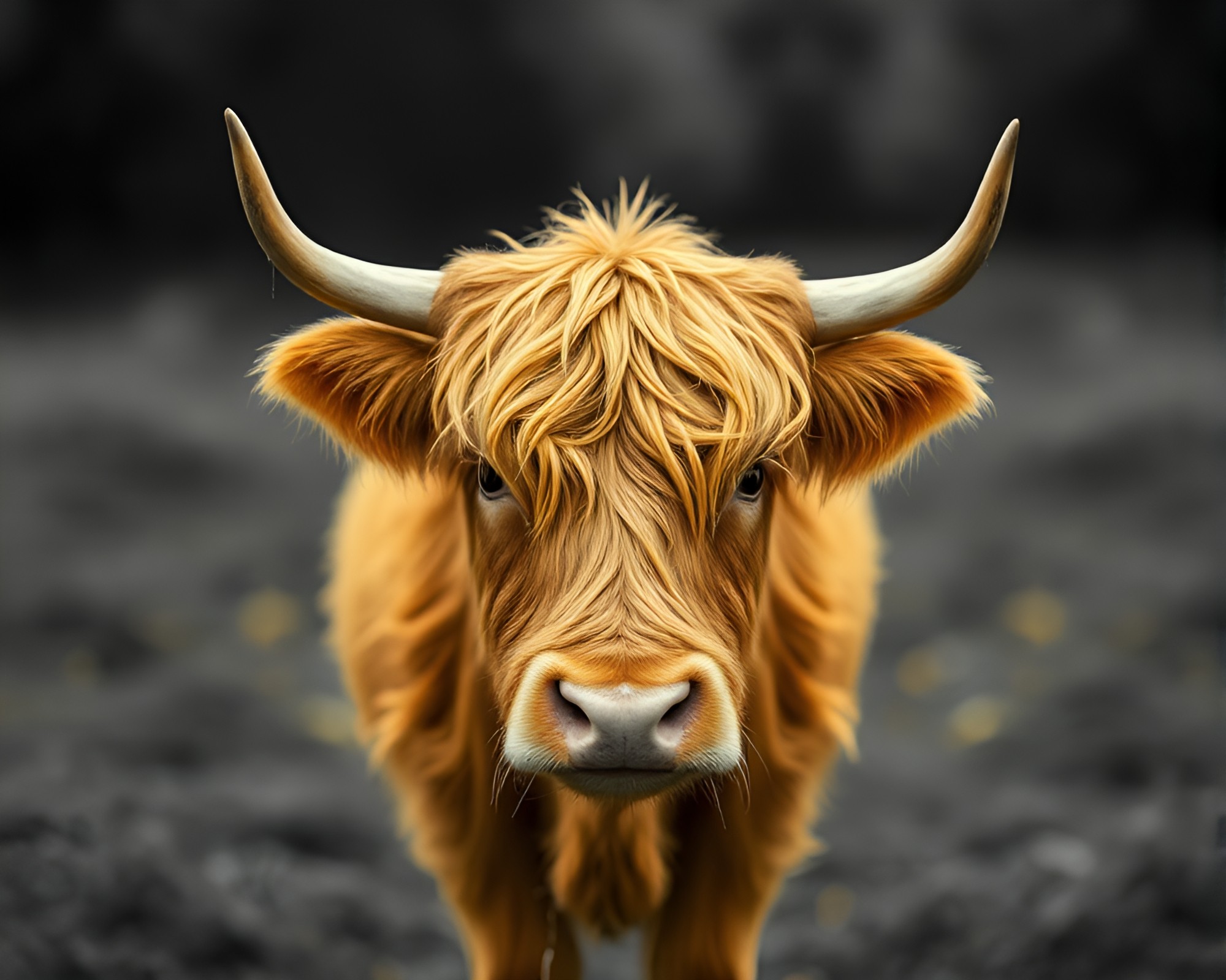 Tilt-Shift Highland Cow with Monochrome Yellow Atmosphere – free AI stock image
