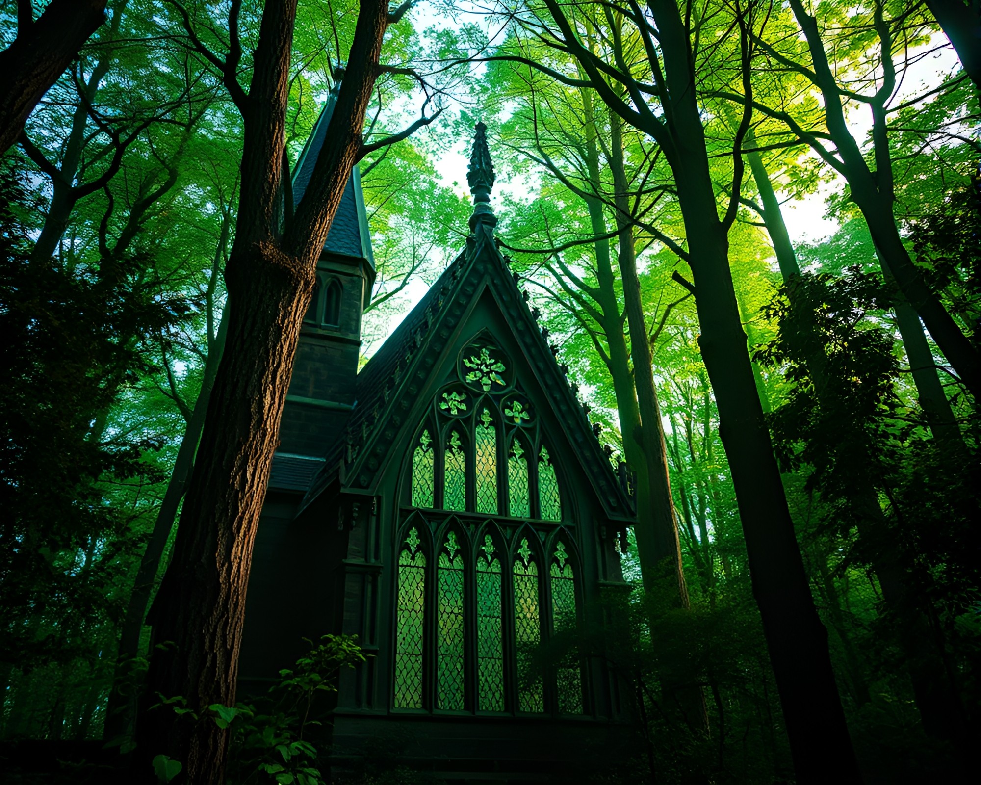 Enchanted Forest Temple with Stained Glass Dutch Angle – free AI stock image