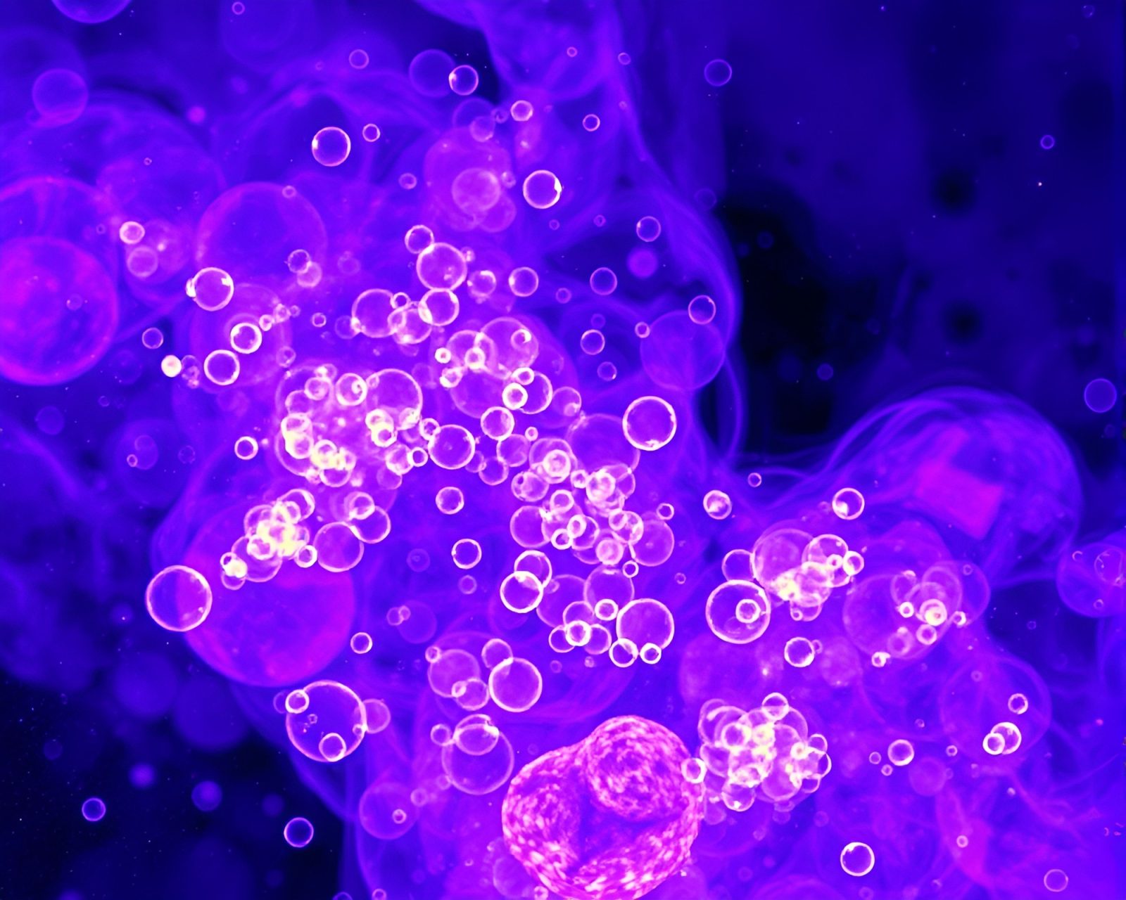 Thermal image of swirling psychedelic bubble clusters in twilight-purple tones