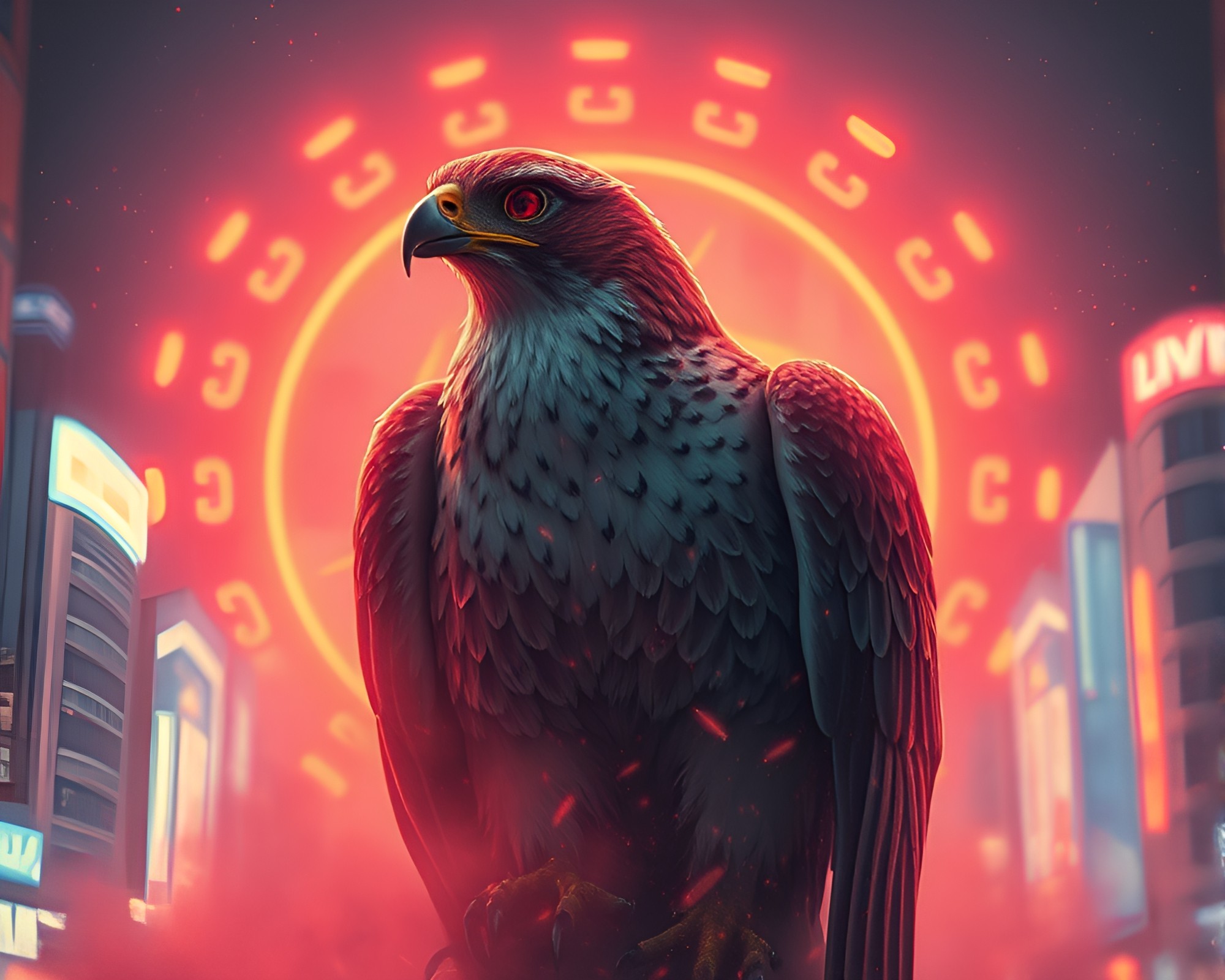 Neon Falcon Soaring Through Dusty Cityscape – free AI stock image