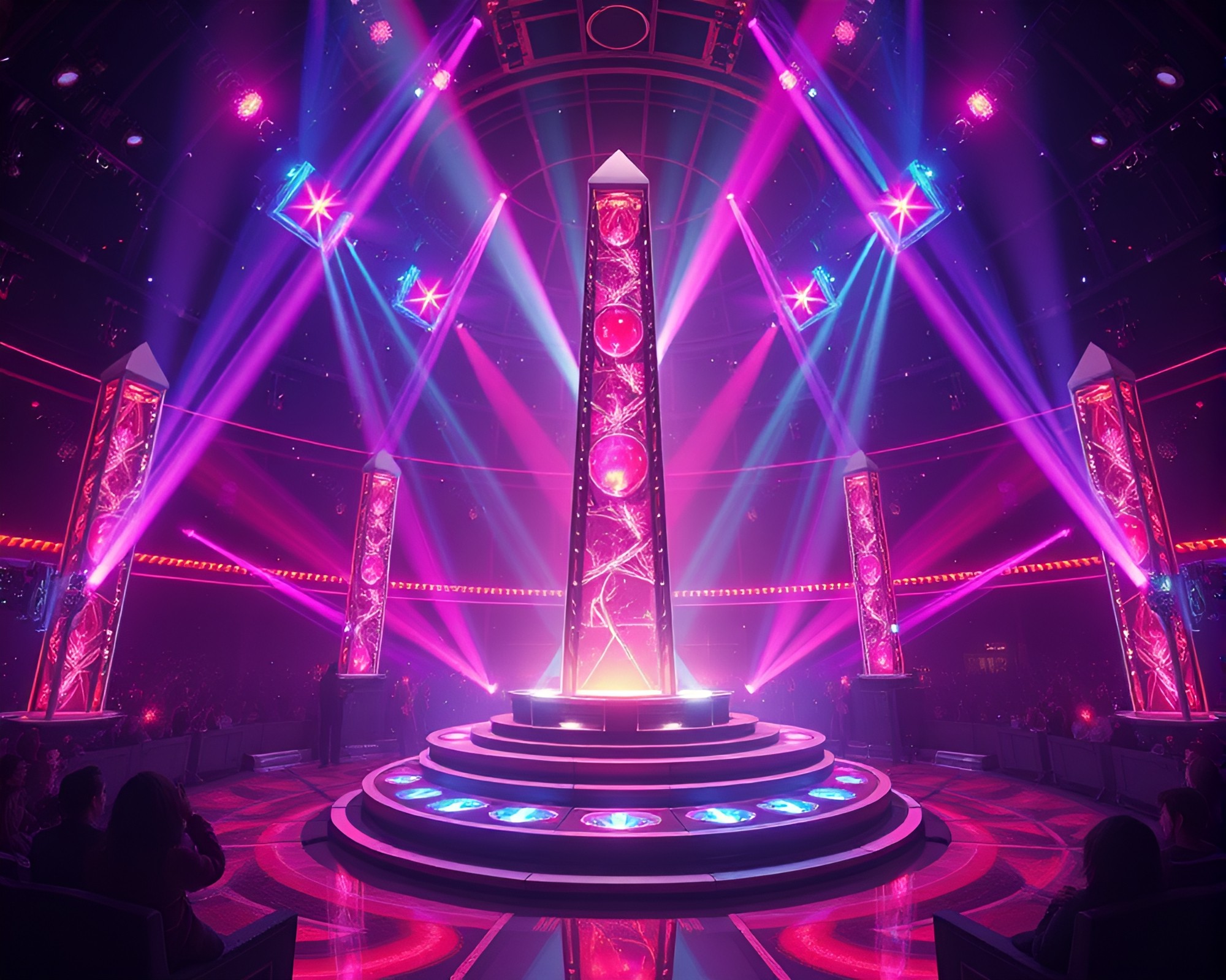 Futuristic Kaleidoscope Obelisk Illuminated by Strobe Lights – free AI stock image