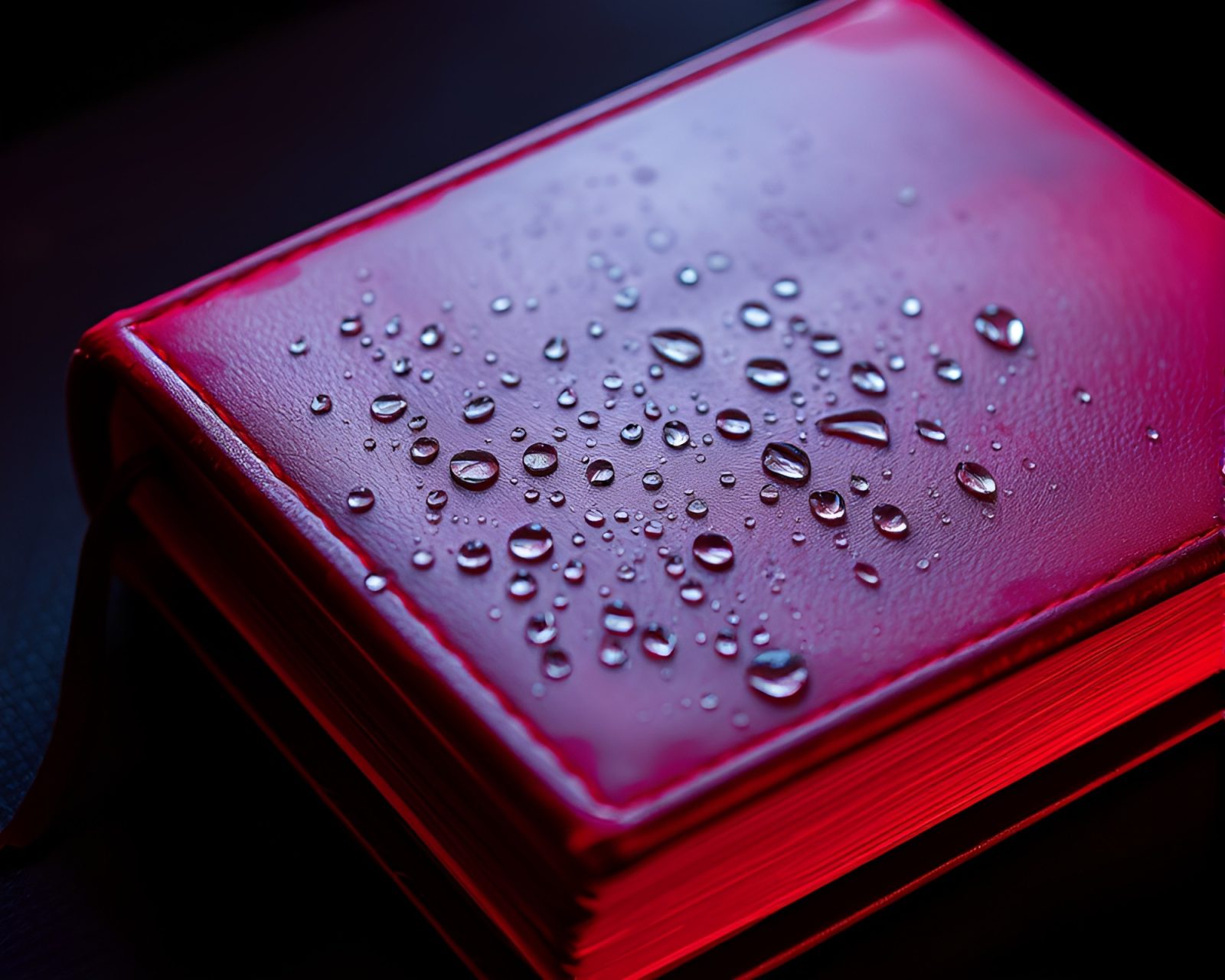 Glistening red-blue water droplets on x-ray style diary