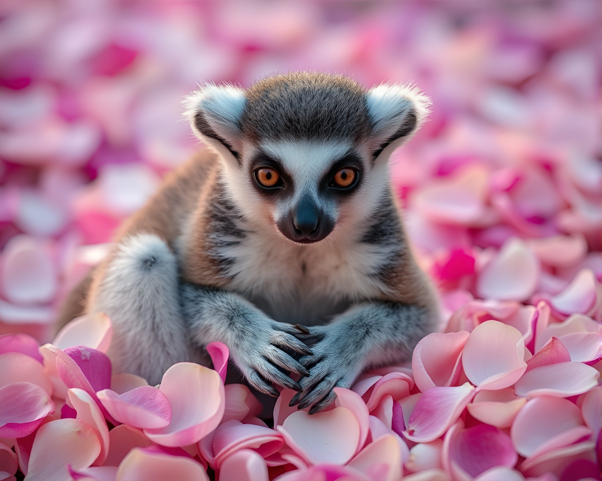 Lemur amongst delicately scattered flower petals – free AI stock image
