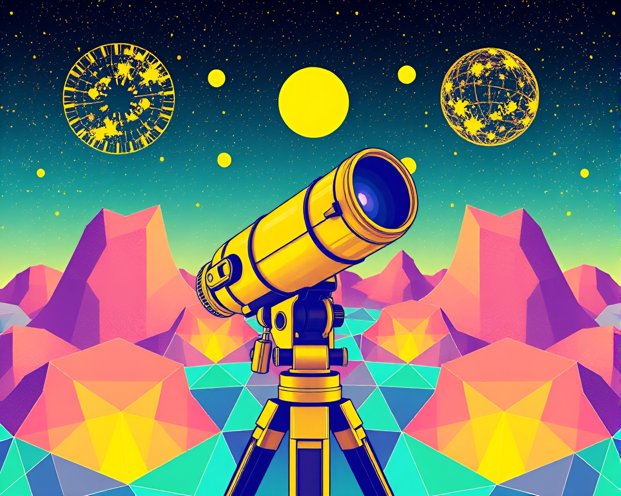 Geometric Telescope in Lemon Yellow Vaporwave Aesthetic – free AI stock image