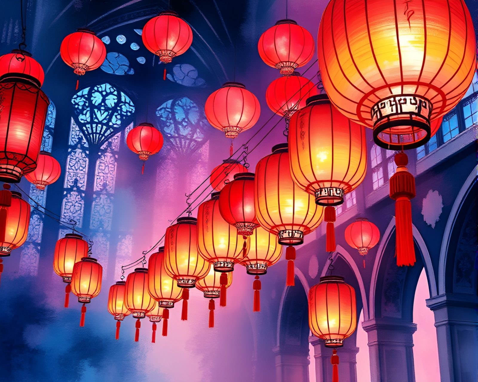 Colorful lanterns glowing in cathedral-like atmosphere