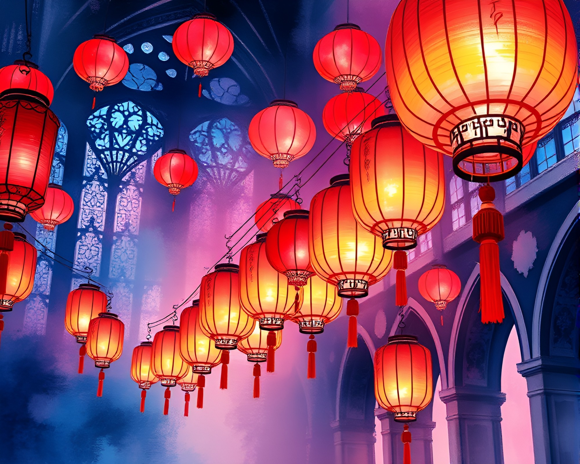 Floating Lanterns Amid Cathedral Stained Light – free AI stock image