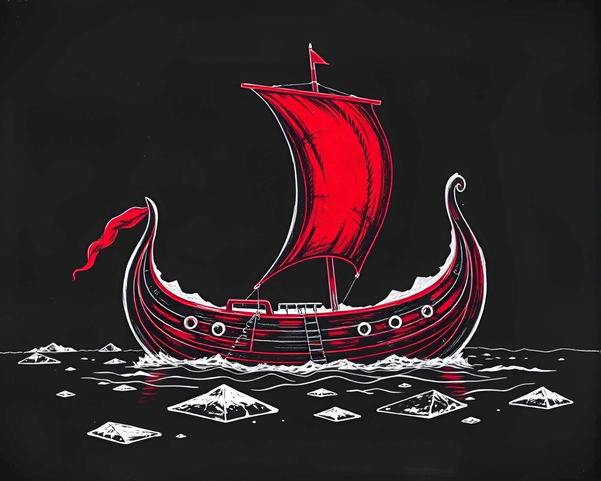 Viking Longship Sailing through Ice Crystal Waters – free AI stock image