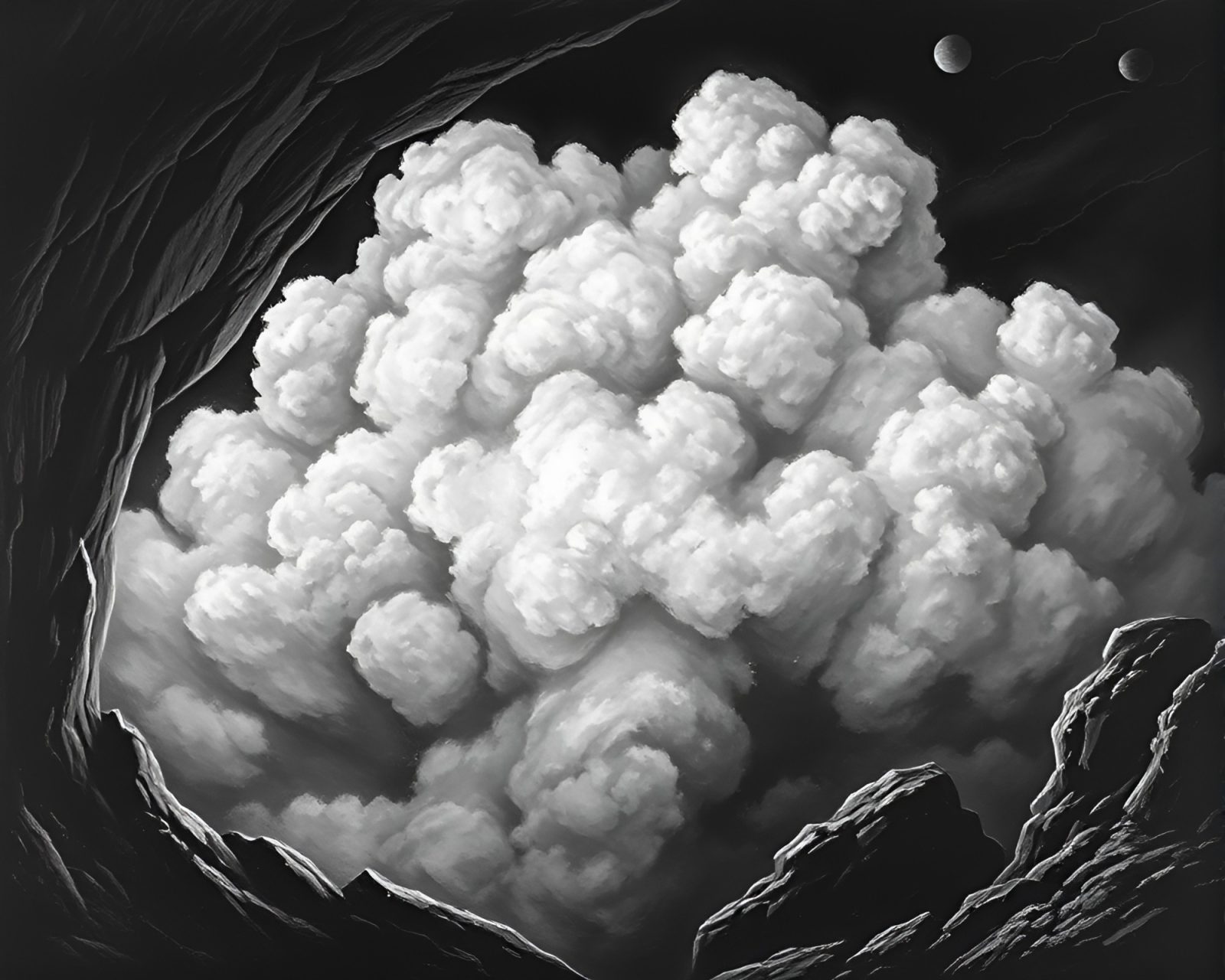 Desaturated chalkboard drawing of prehistoric art with fiery explosion cloud