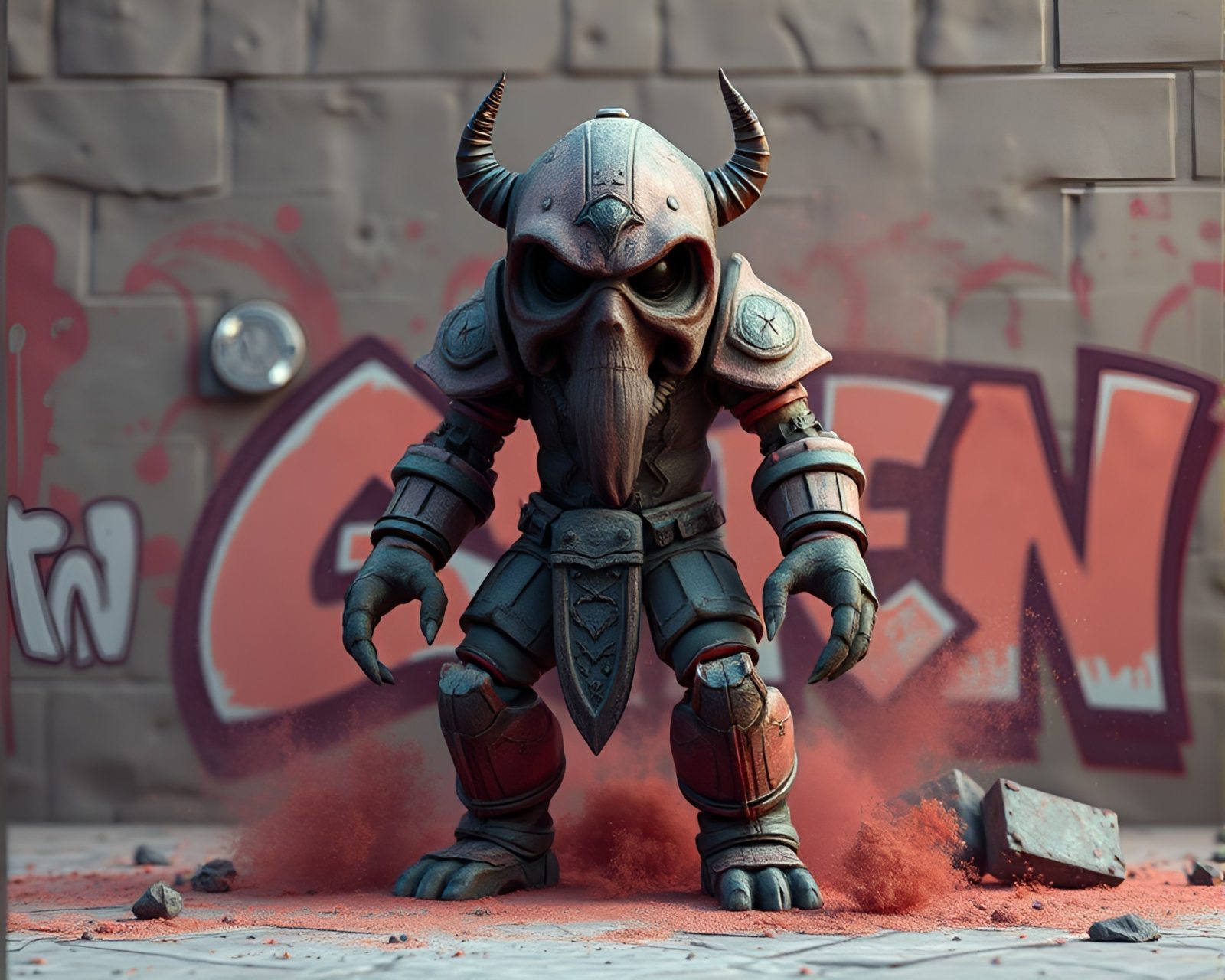 Colorful graffiti-themed golem in high-poly 3D render