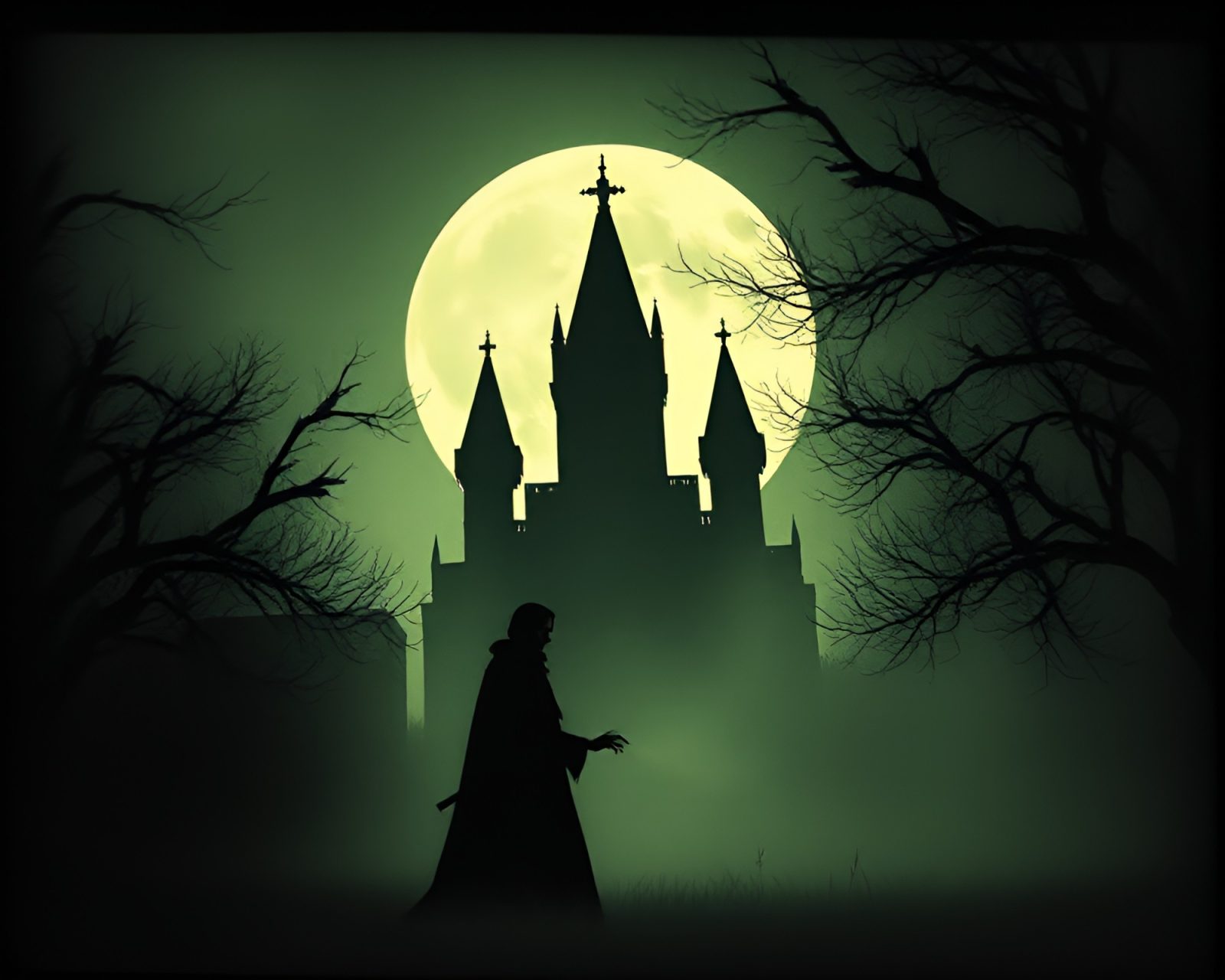 Shadowy figure in eerie Gothic calligraphy setting at dusk