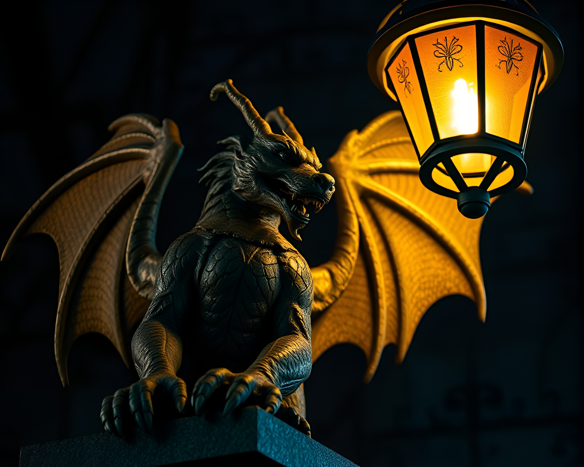Gargoyle Statue Illuminated by Lantern Light – free AI stock image