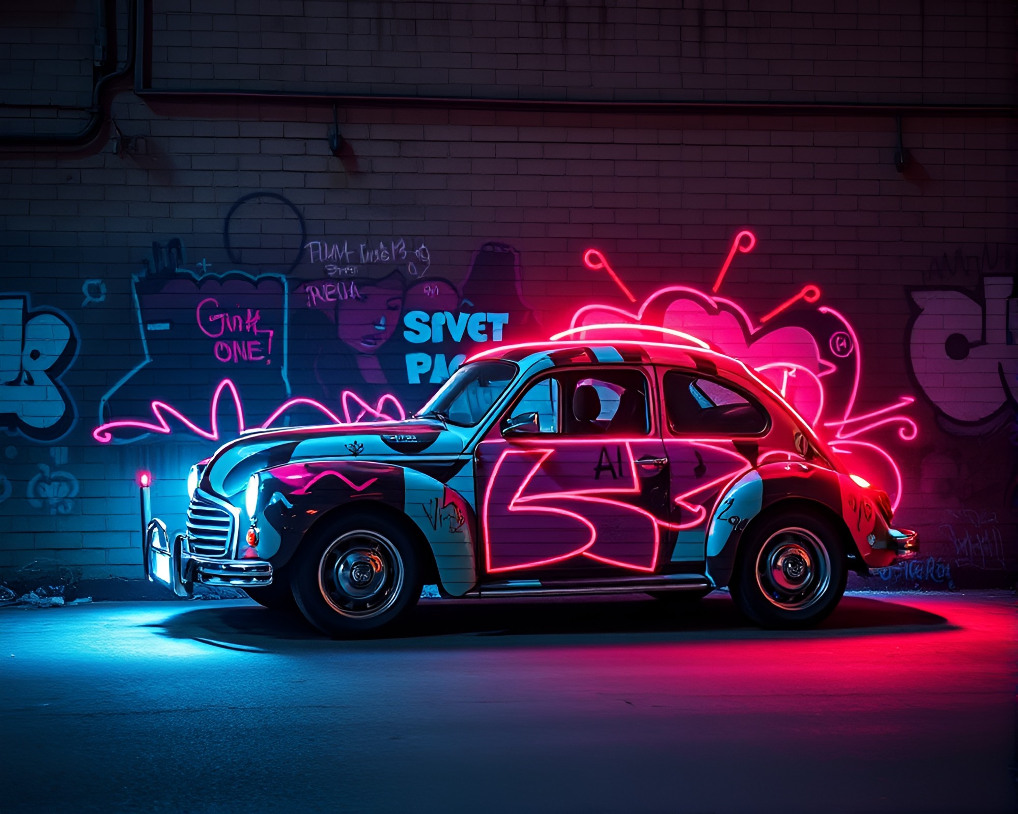 Futuristic Hover Car Mural Graffiti in Neon Cityscape – free AI stock image