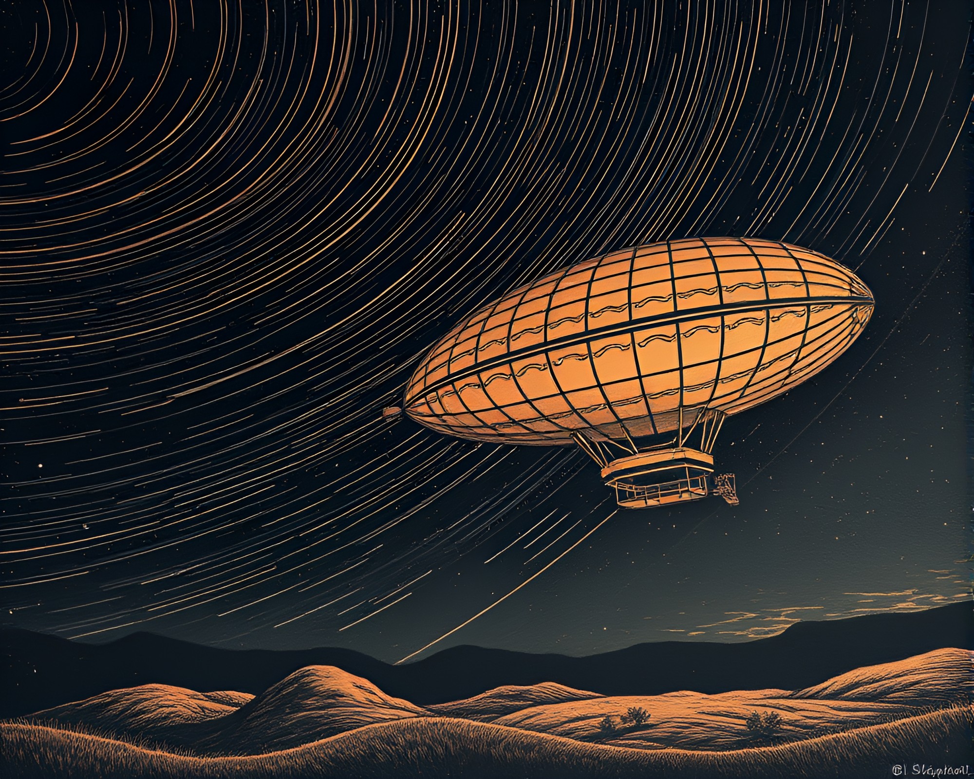 Copper Zeppelin over Engraved Star Trails – free AI stock image