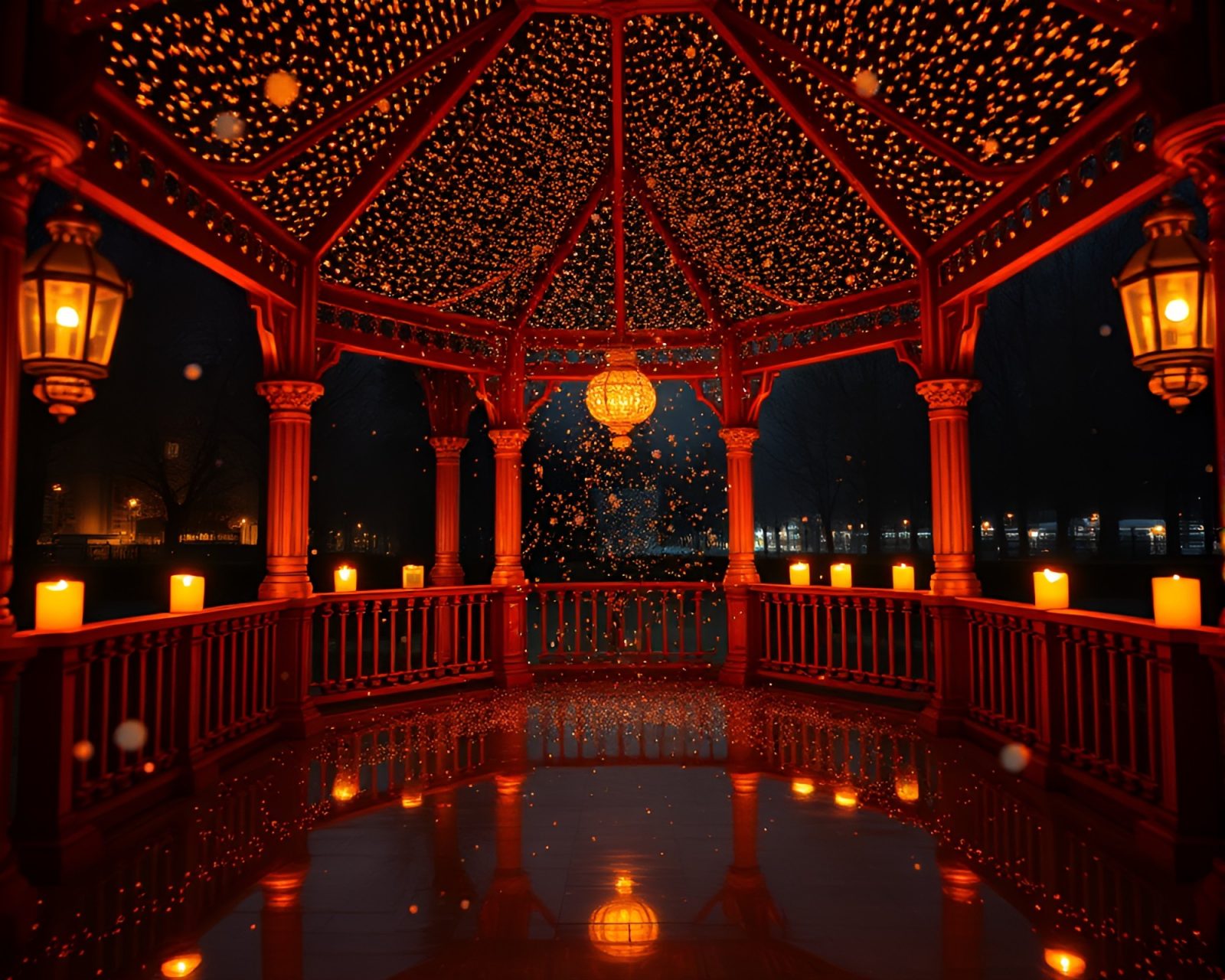 Majestic pavilion hovering amidst swirling particles in magical candlelit glow
