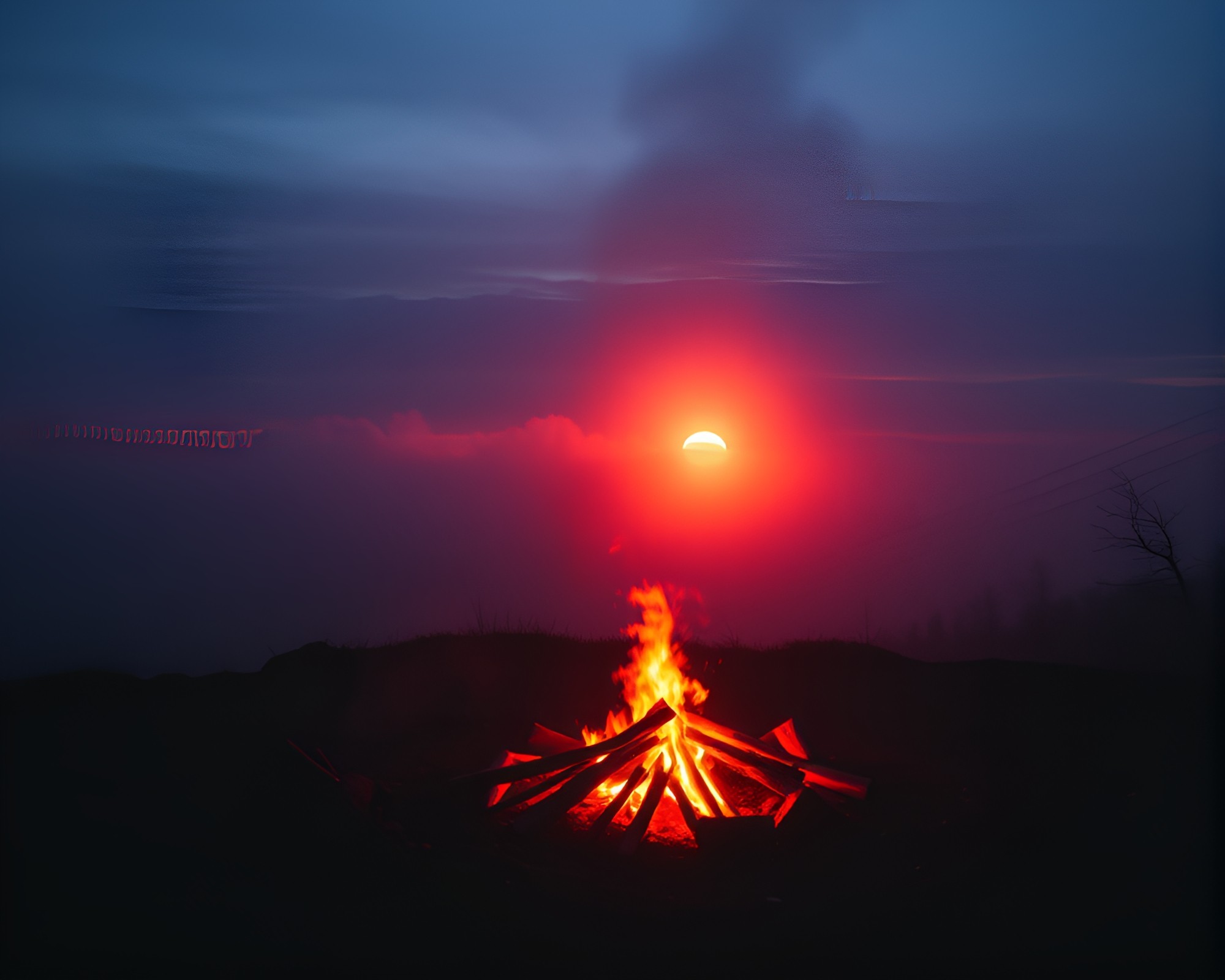 Vaporwave Sunset Over Foggy Bonfire Beach – free AI stock image