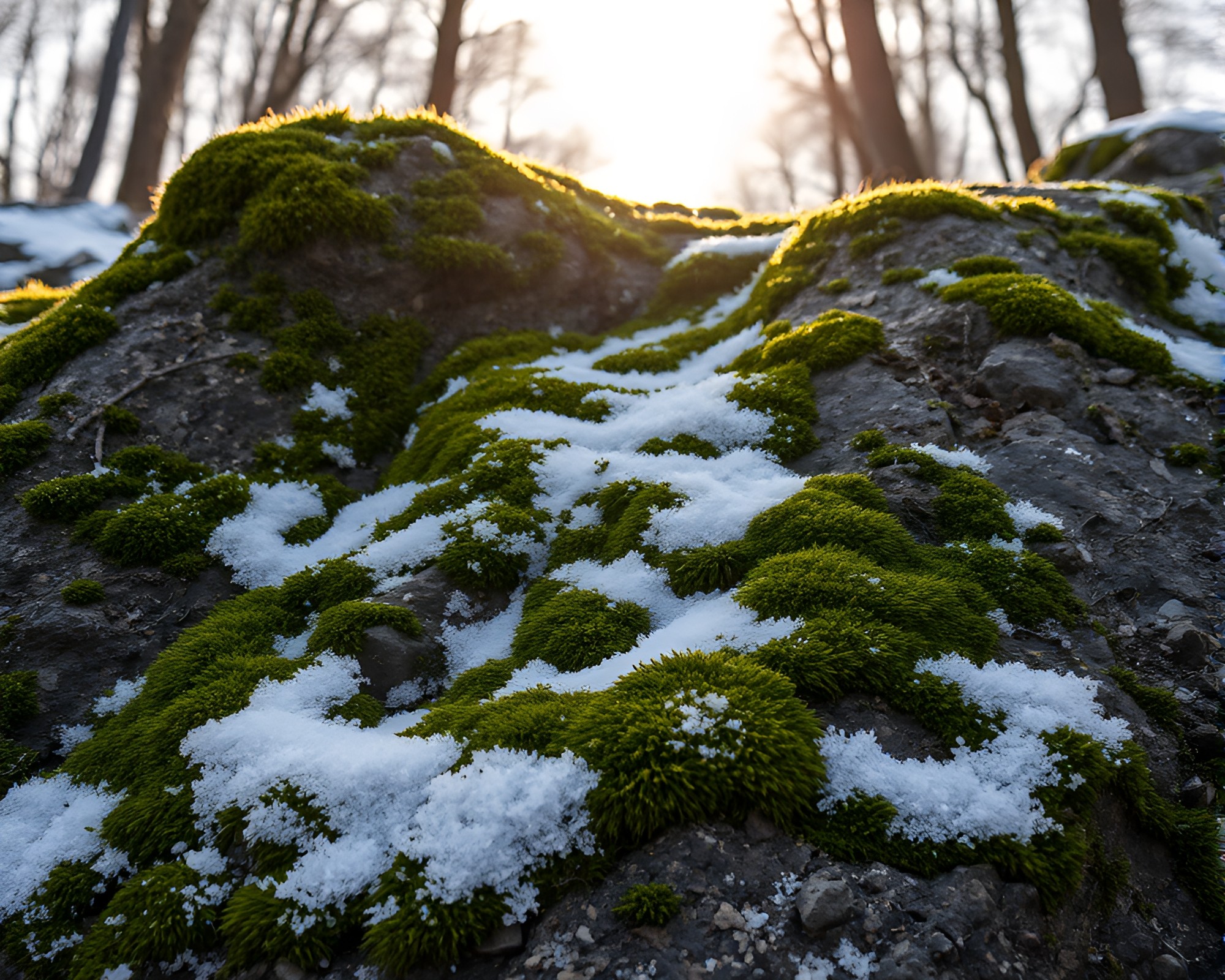 Mystical Moss-covered Rock in Snow-kissed Light – free AI stock image