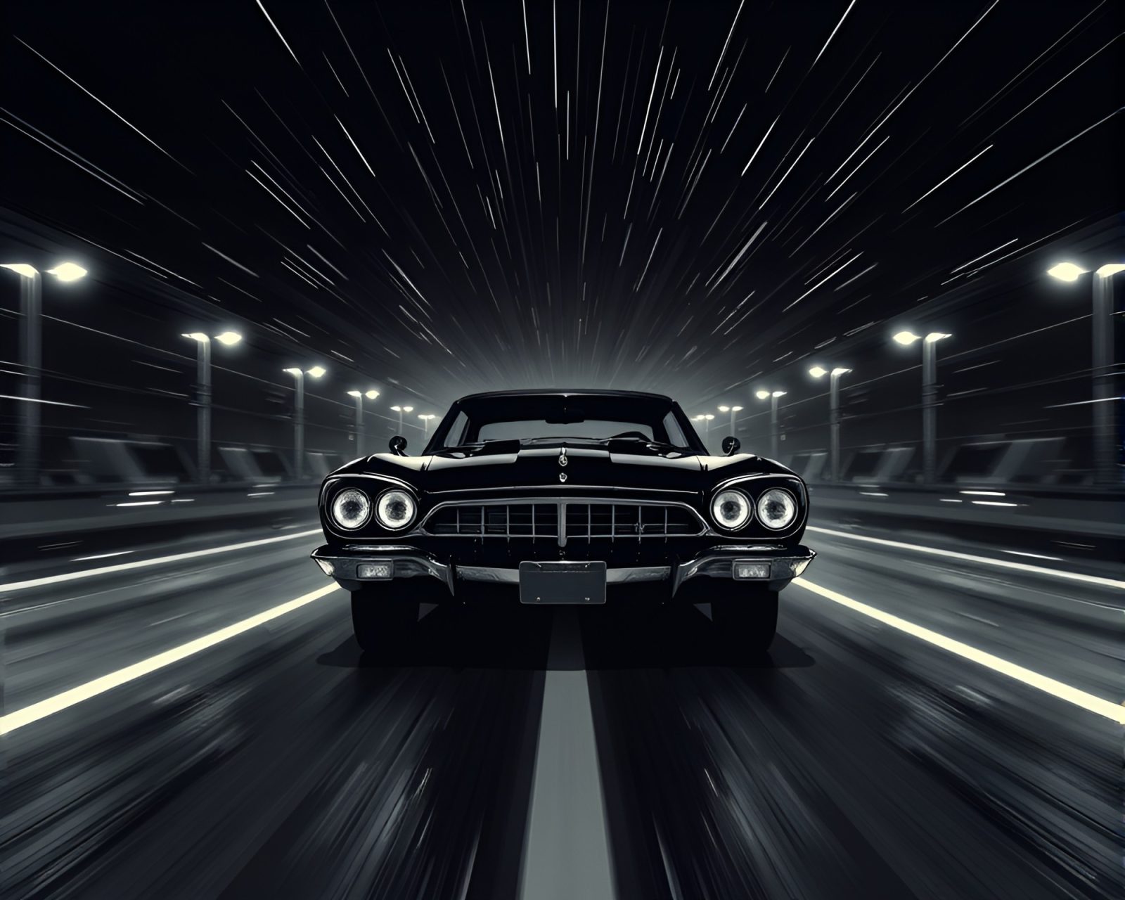Desaturated gloom 8-bit flying car emitting radially symmetric light