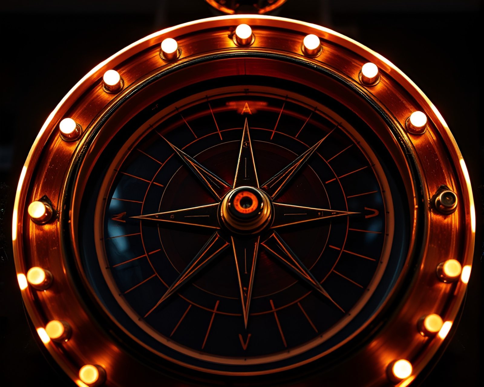 Antique compass bathed in neon lights against city backdrop