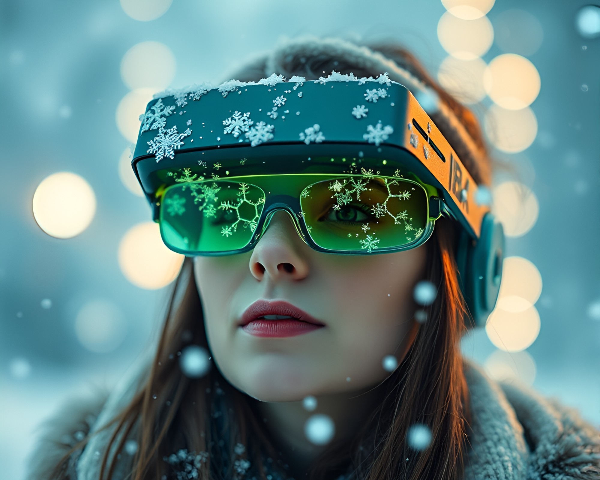 Enchanting Snowflakes: AR Glasses Mint Green Delight – free AI stock image