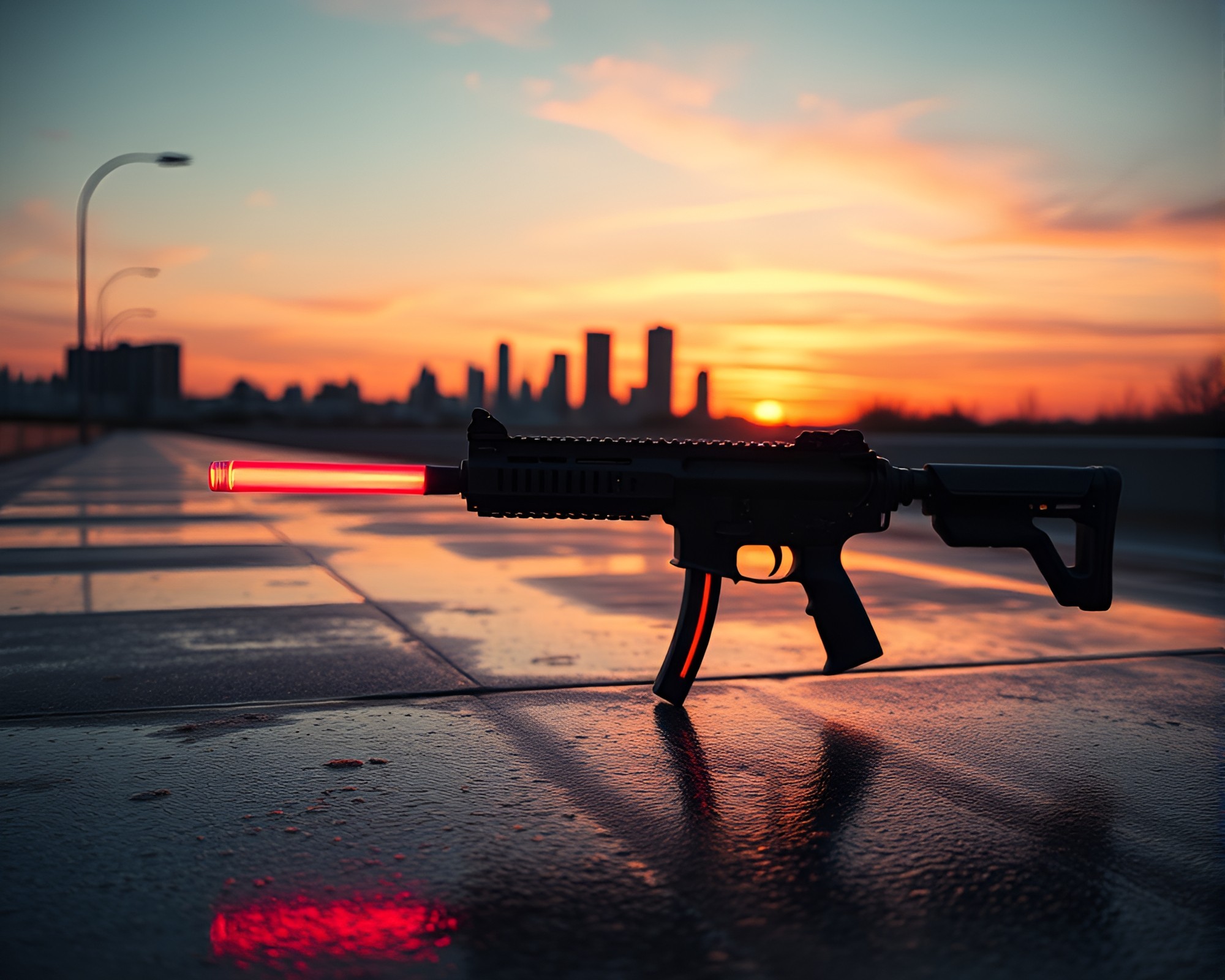Surreal Sunset Skyline with Plasma Rifle on Wet Pavement – free AI stock image