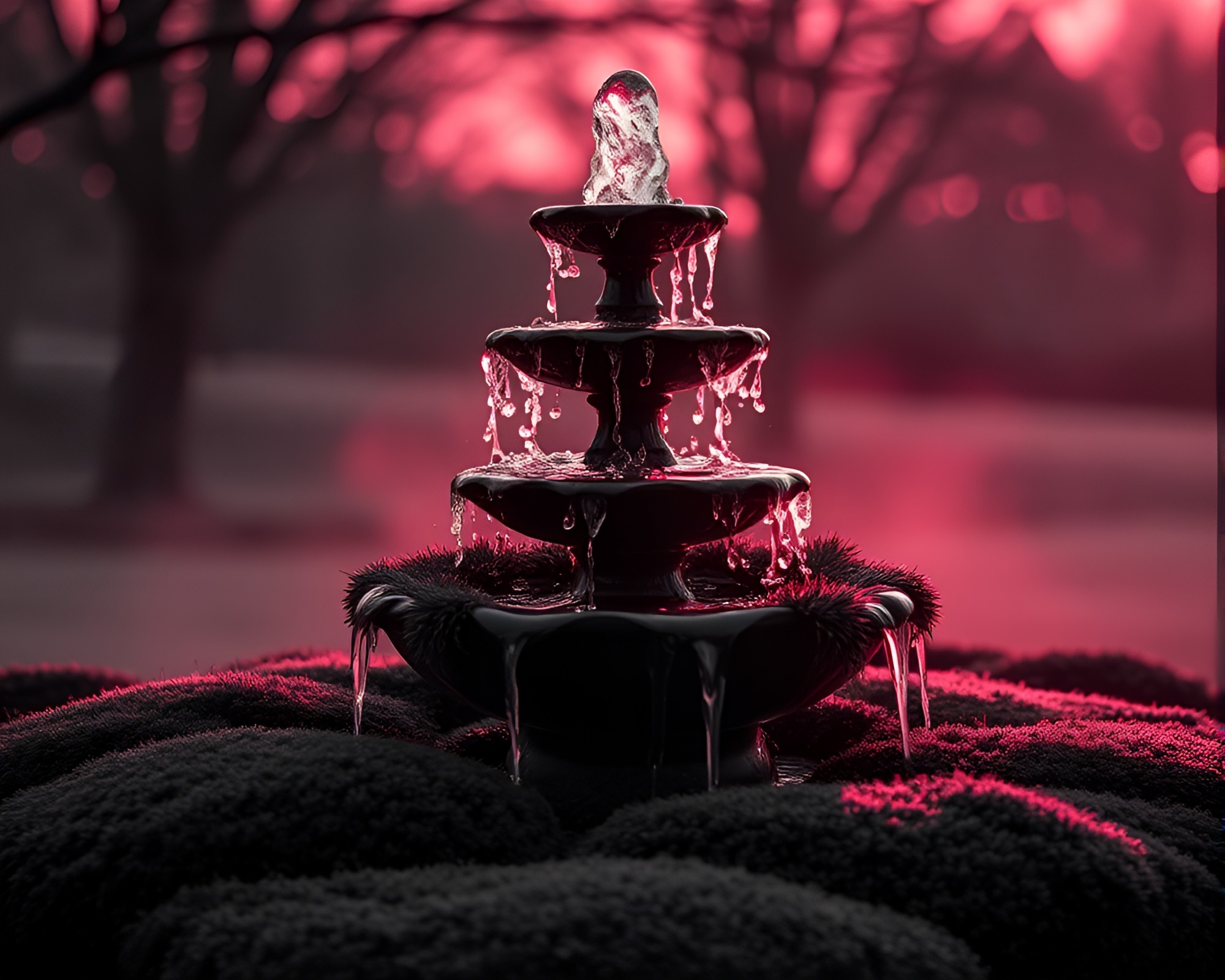 Moss-Covered Chocolate Fountain at Sunrise – free AI stock image