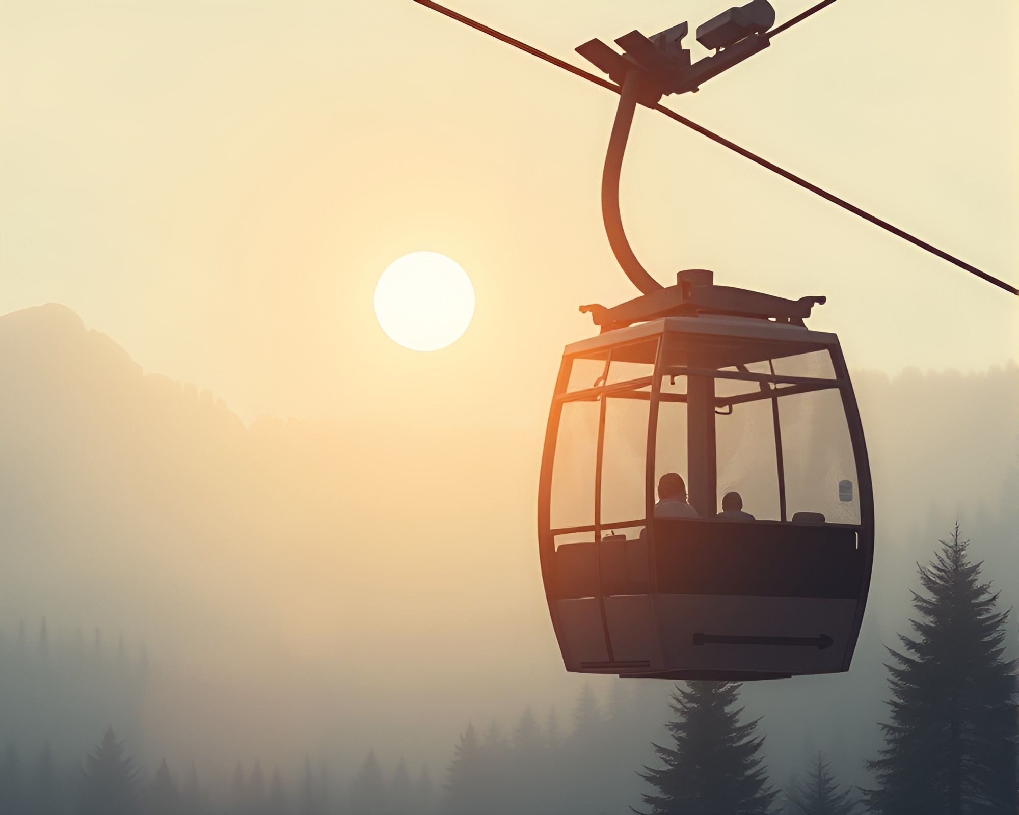 Sun Glares: Gondola Lift in Smoky Haze – free AI stock image