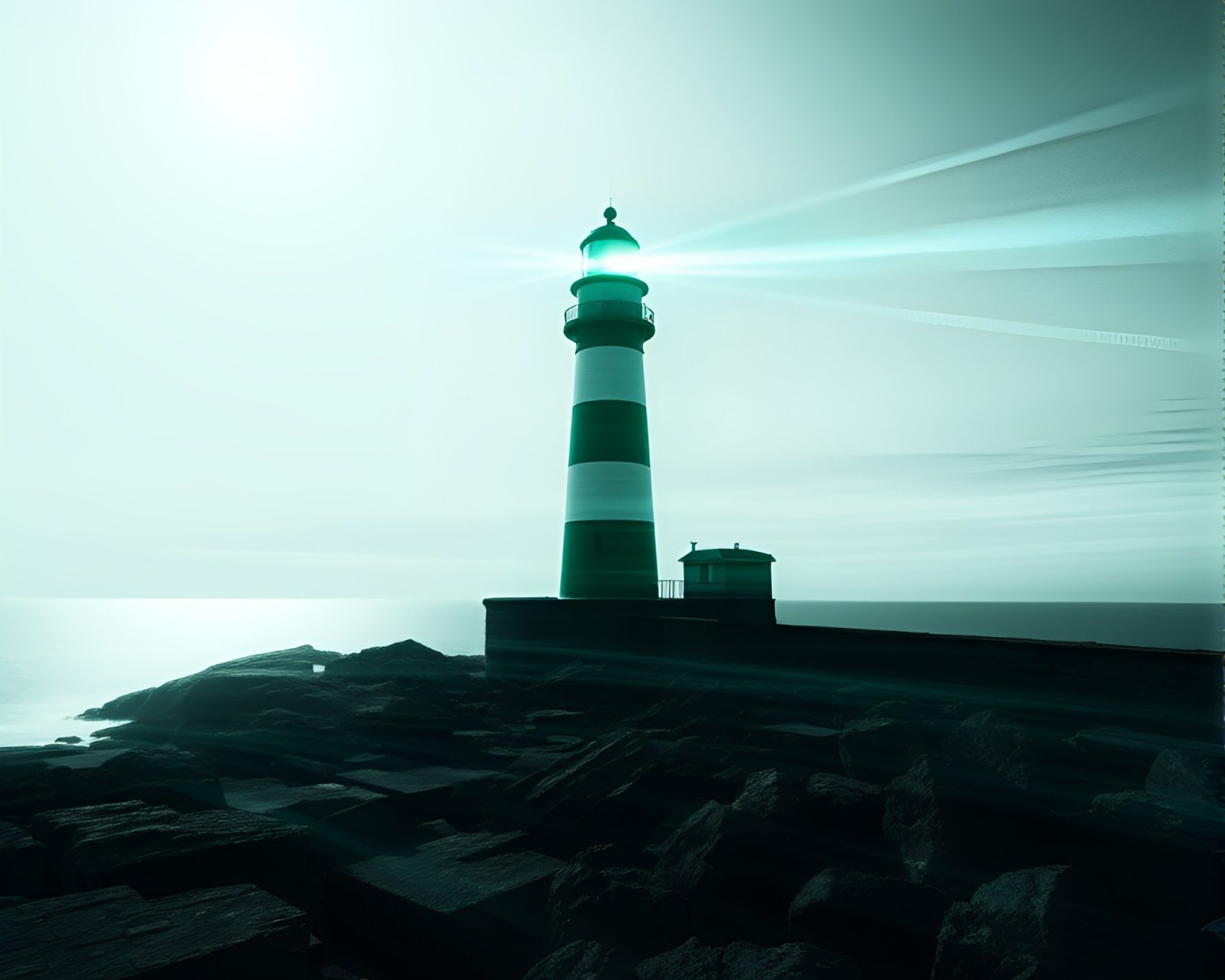 Monochrome double exposure of emerald lighthouse against swirling background