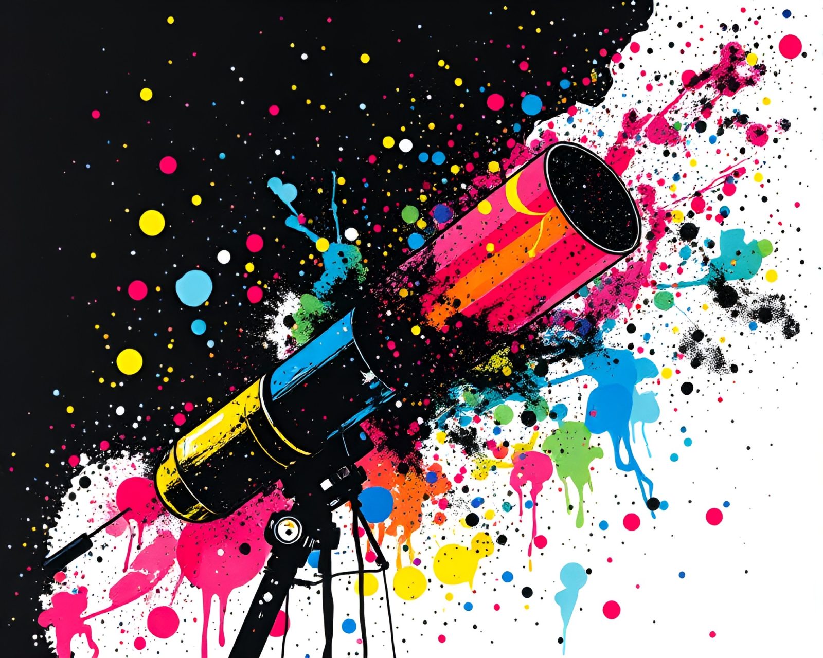 Colorful ink splashes surrounding intricate stencil telescope art