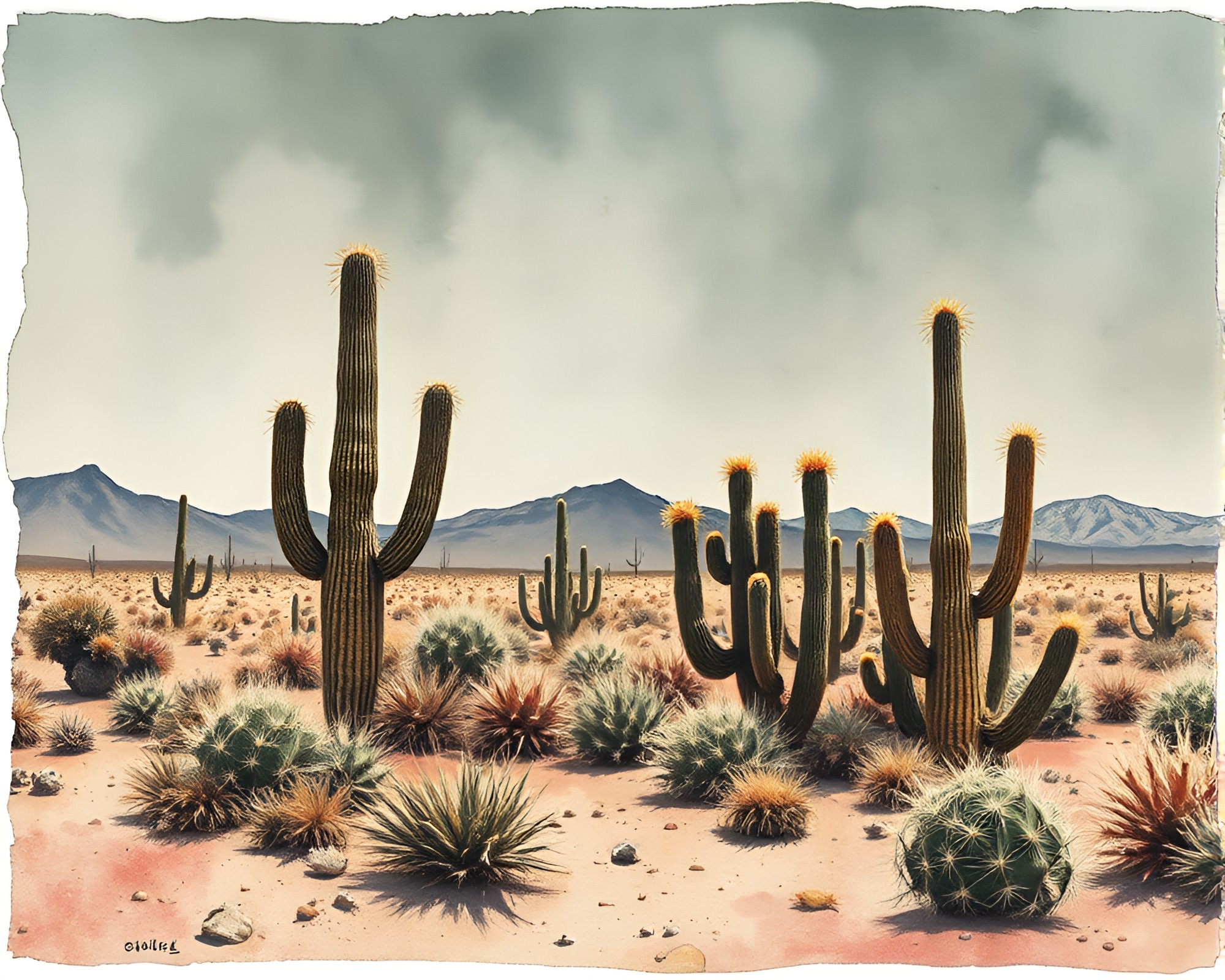 Surreal Cactus Oasis with Torn Edges Ink Wash Art – free AI stock image