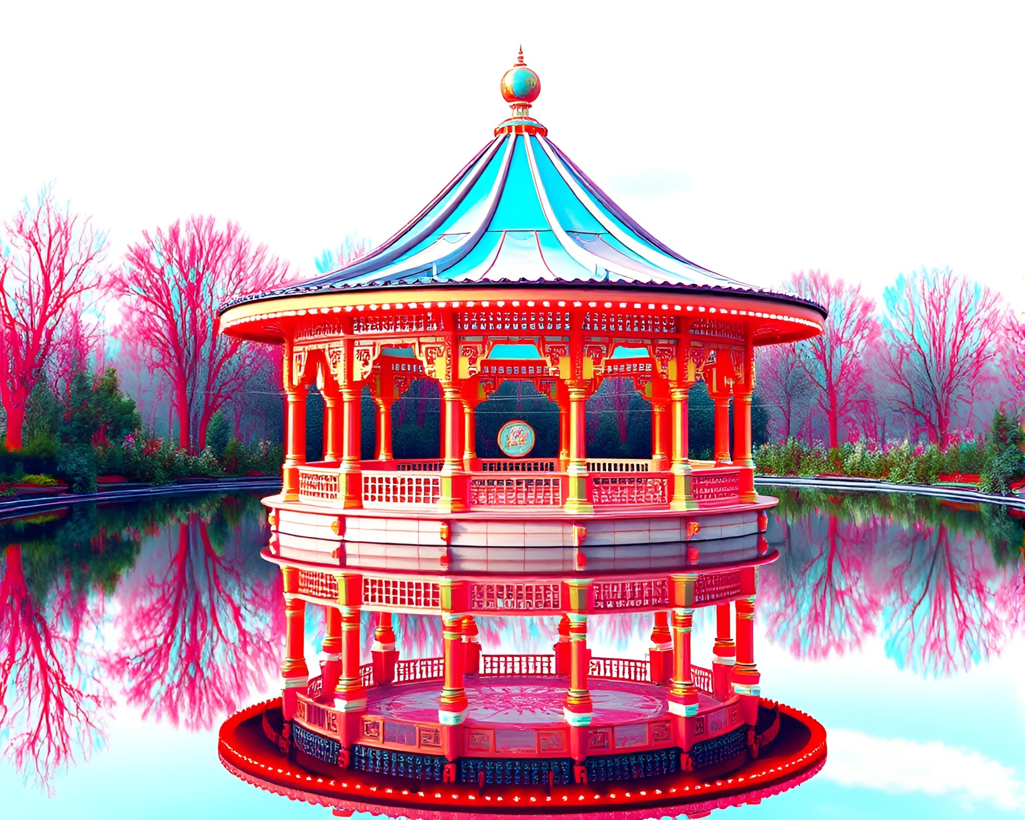 Gleaming Chrome Pavilion Mirrored in Acid Wash Palette – free AI stock image