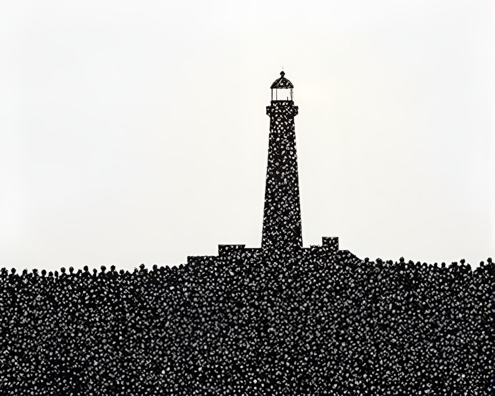 Scene of crowd in front of lighthouse, metallic sparkle