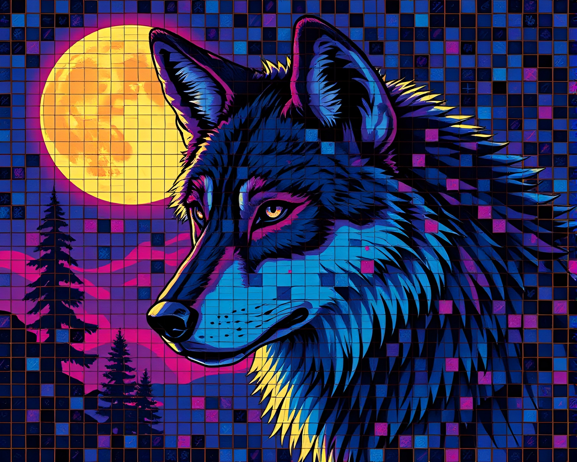 Moonlit Wolf Mosaic Tiling Synthwave Art – free AI stock image