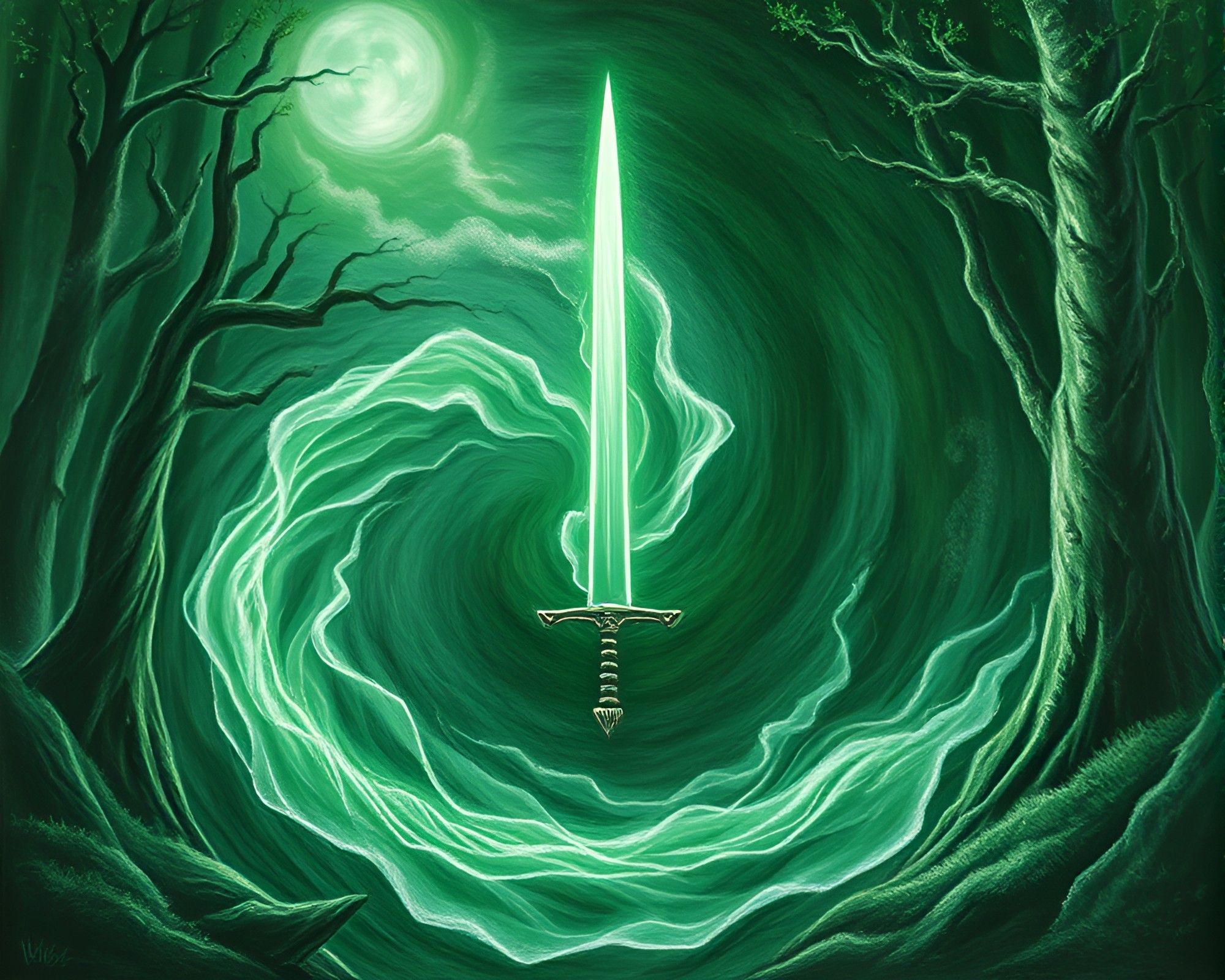 Enchanted Forest Swirling Vortex with Sword Guardian – free AI stock image