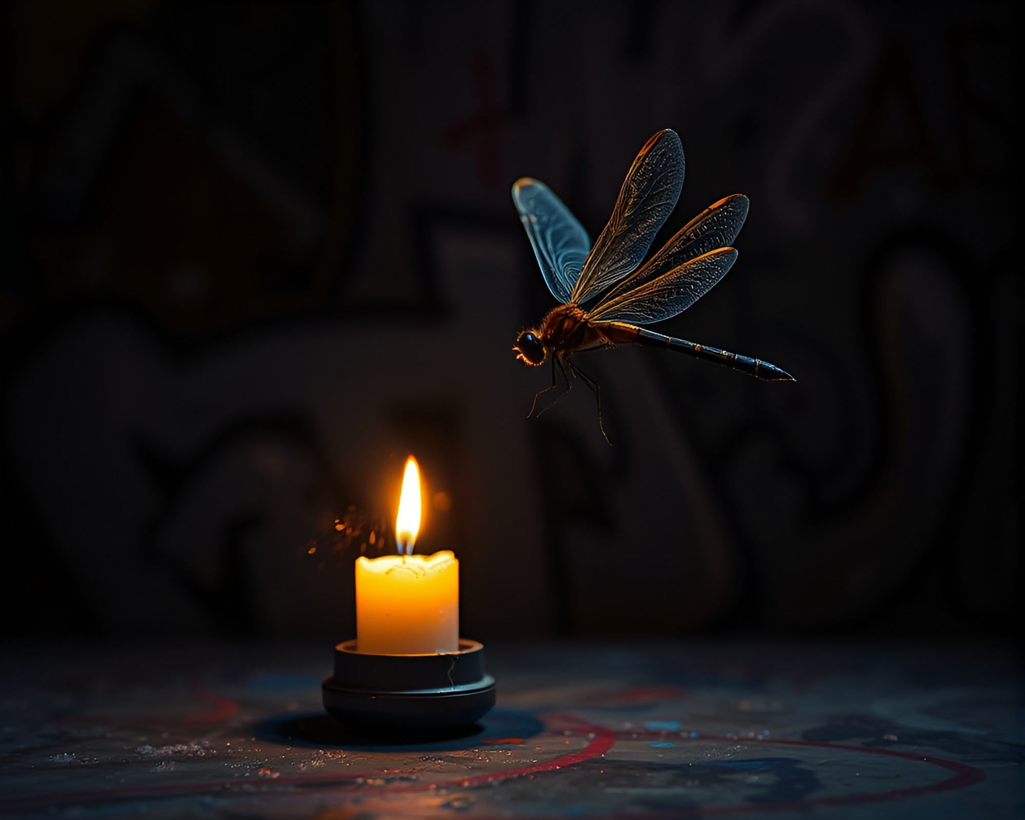 Enigmatic Dragonfly in Candlelit Graffiti Studio – free AI stock image