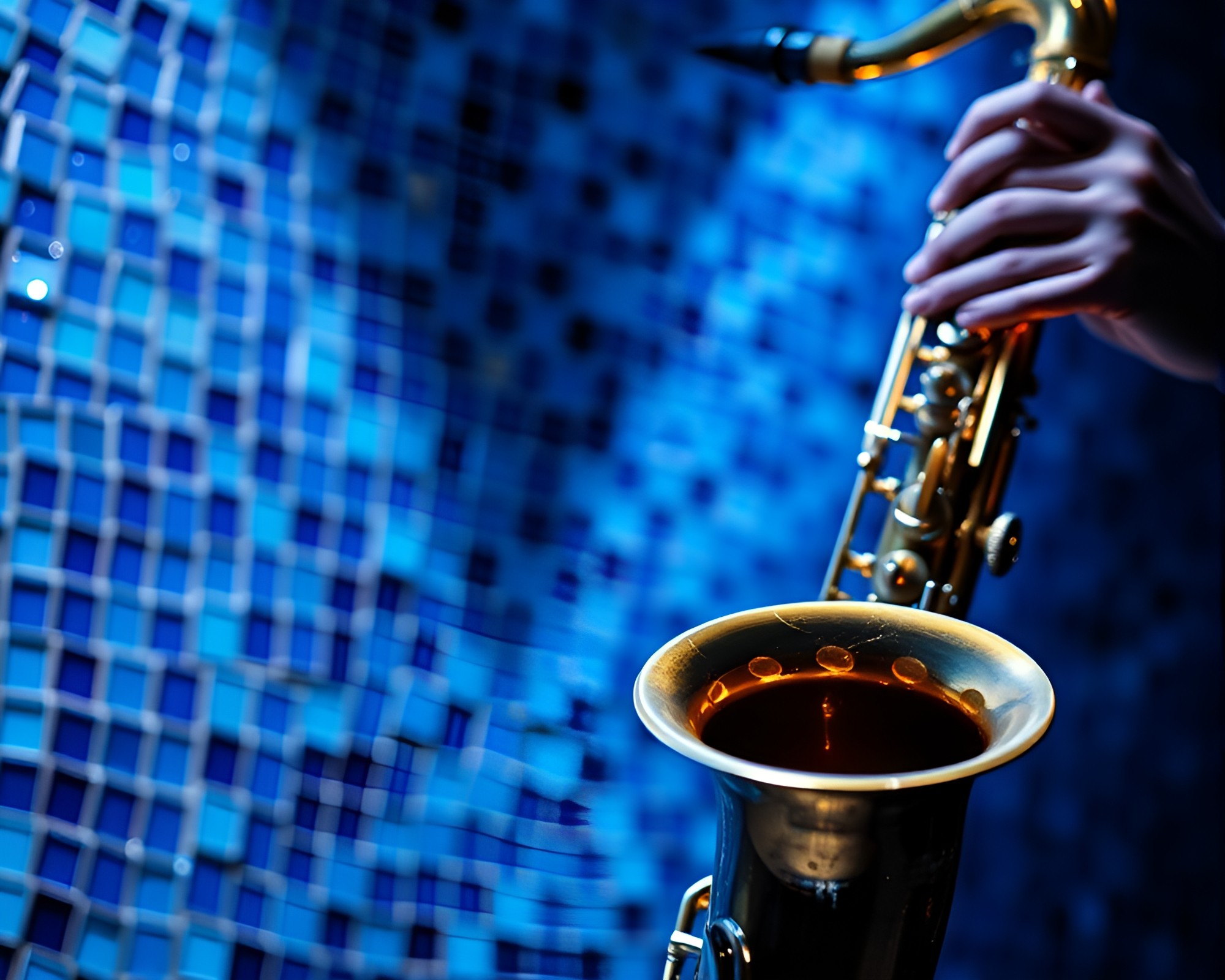 Saxophone Mosaic Tiling in Blue Hour Oil-Rich Lighting – free AI stock image