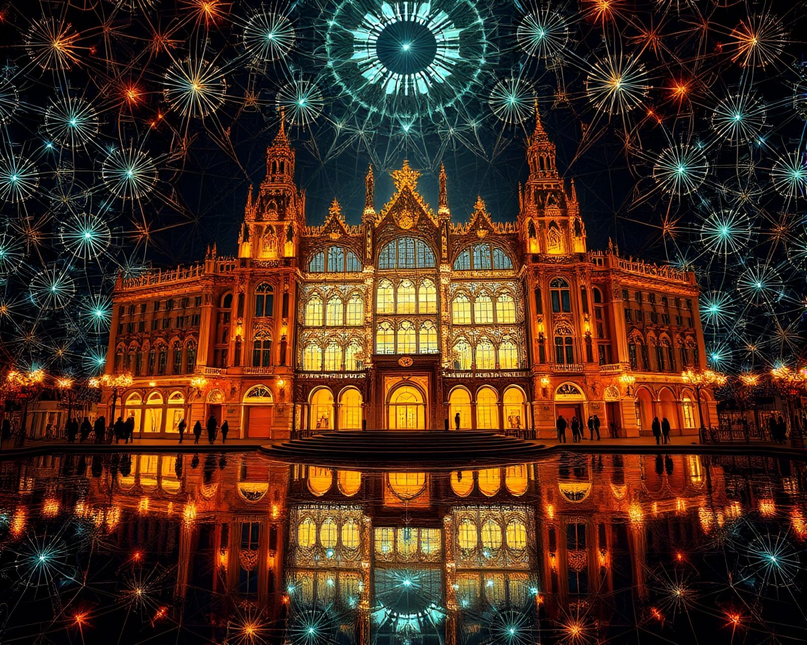 Intricate fractal patterns illuminated like an opera house stage