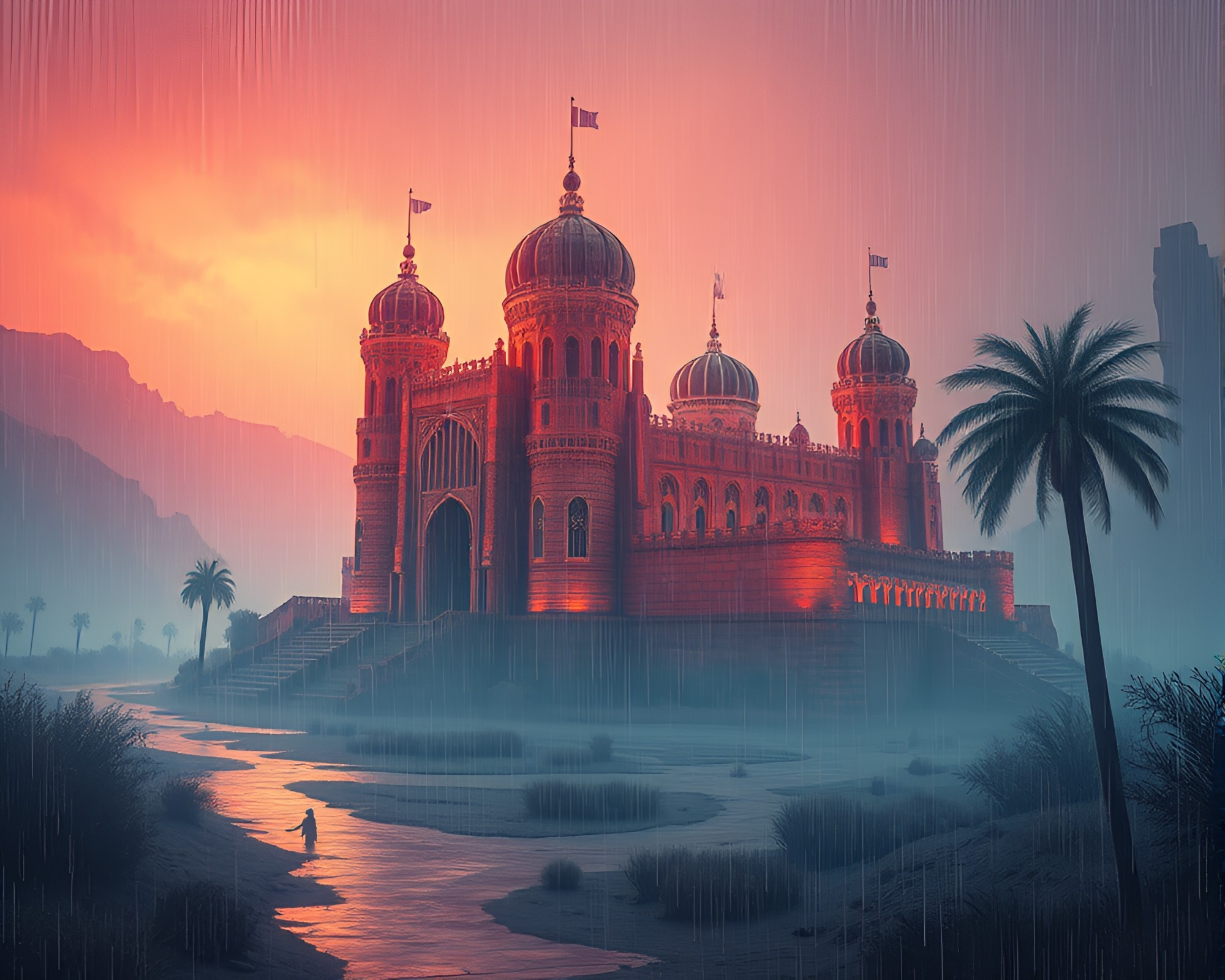 Rain Droplets on Deserted Castle: Retro AI Art – free AI stock image