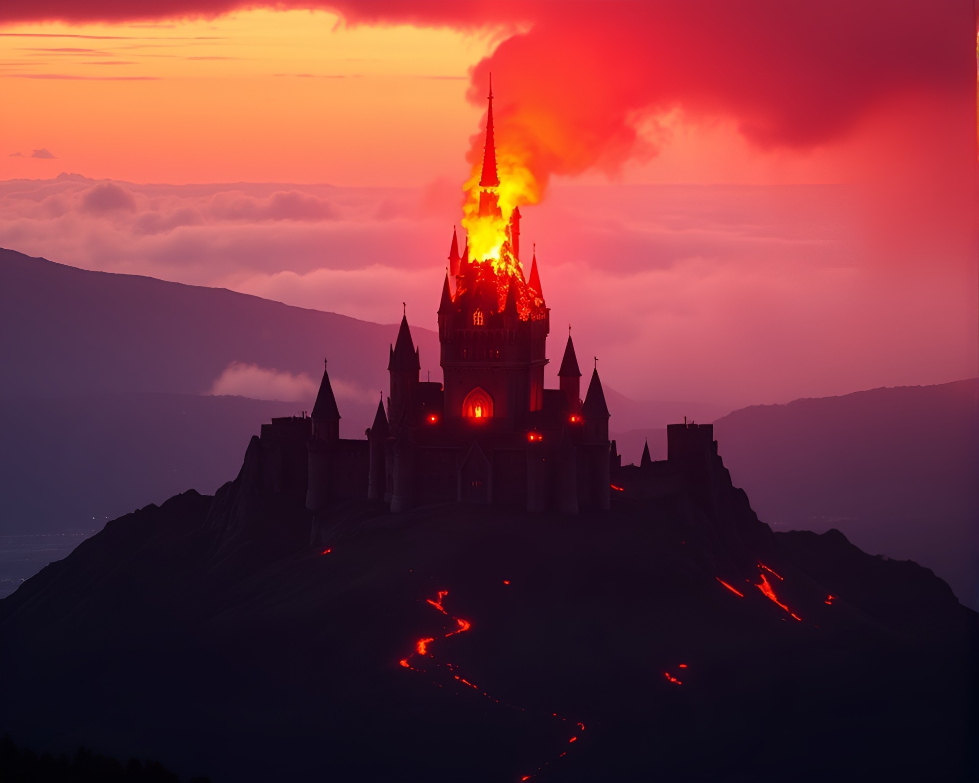 Majestic Castle Silhouetted Against Fiery Volcano Sunset – free AI stock image
