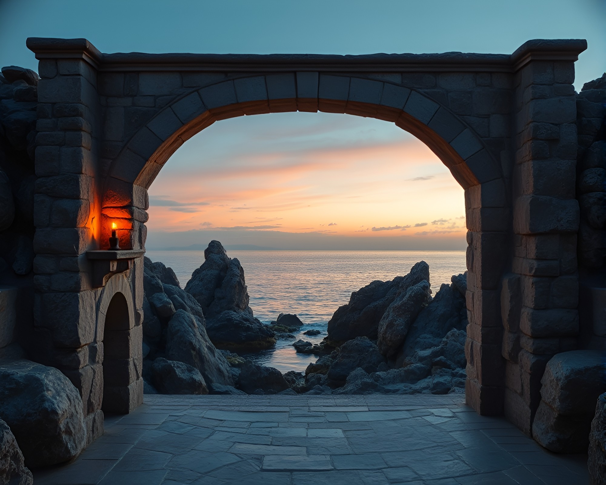 Candlelit Sgraffito Coastal Architecture Frame – free AI stock image