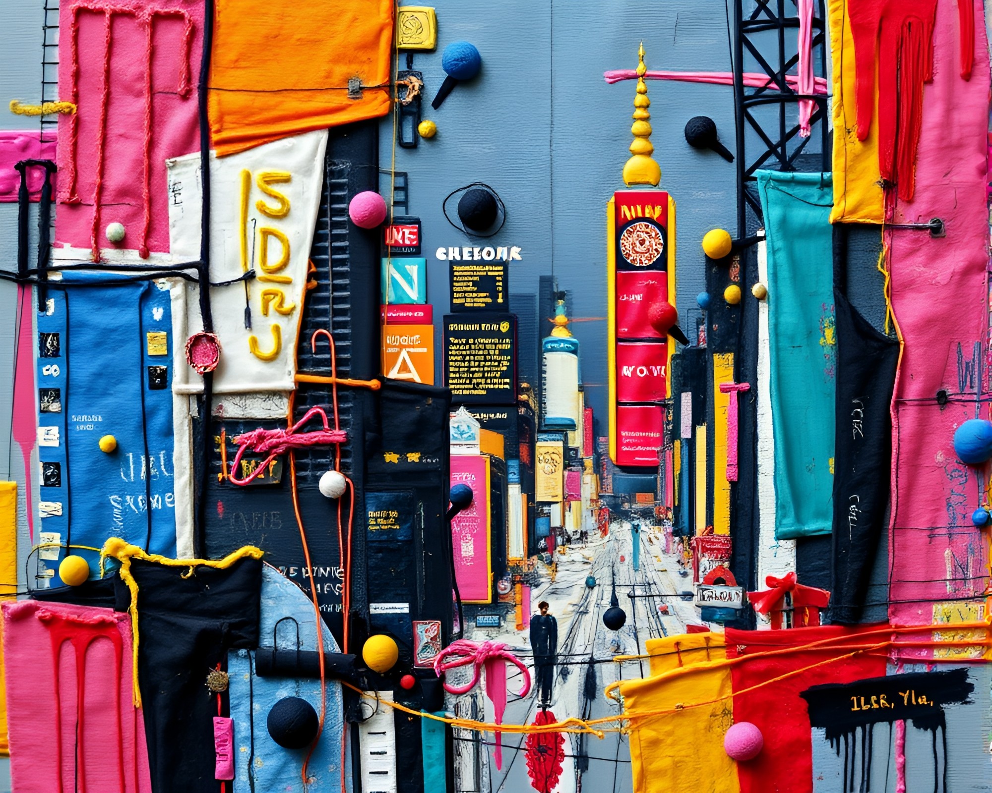 Neon Collage Cityscape with Embroidered Abstract Detail – free AI stock image