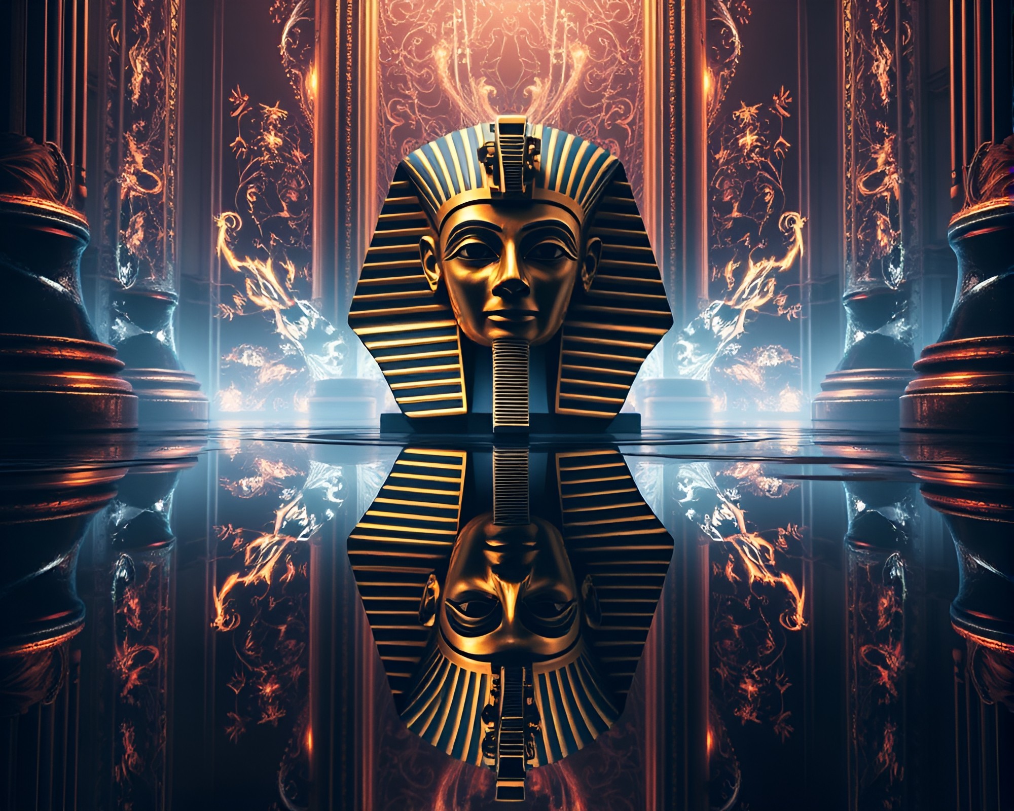 Fractal Pharaoh’s Mask Reflection in Puddle Throne Room – free AI stock image