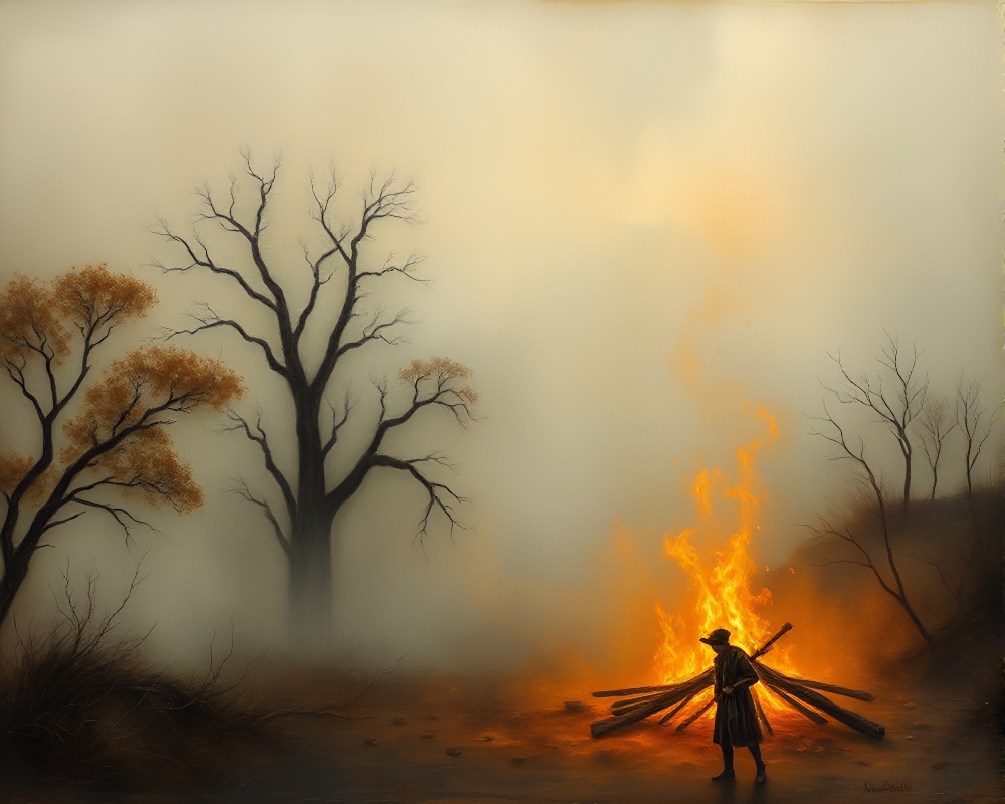 Ethereal Savannah Bonfire: Misty Encaustic Art – free AI stock image