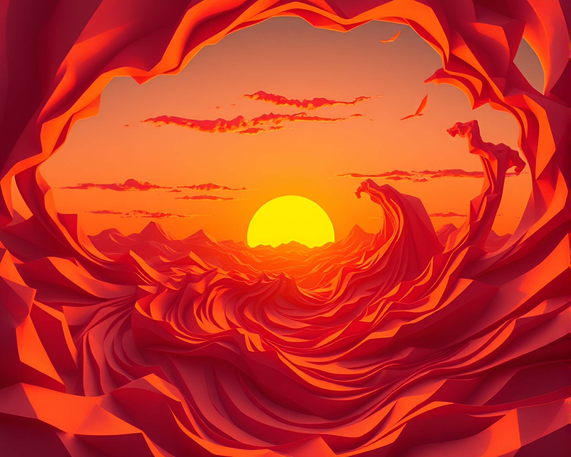 Vaporwave Sunset: Origami Swirling Vortex – free AI stock image