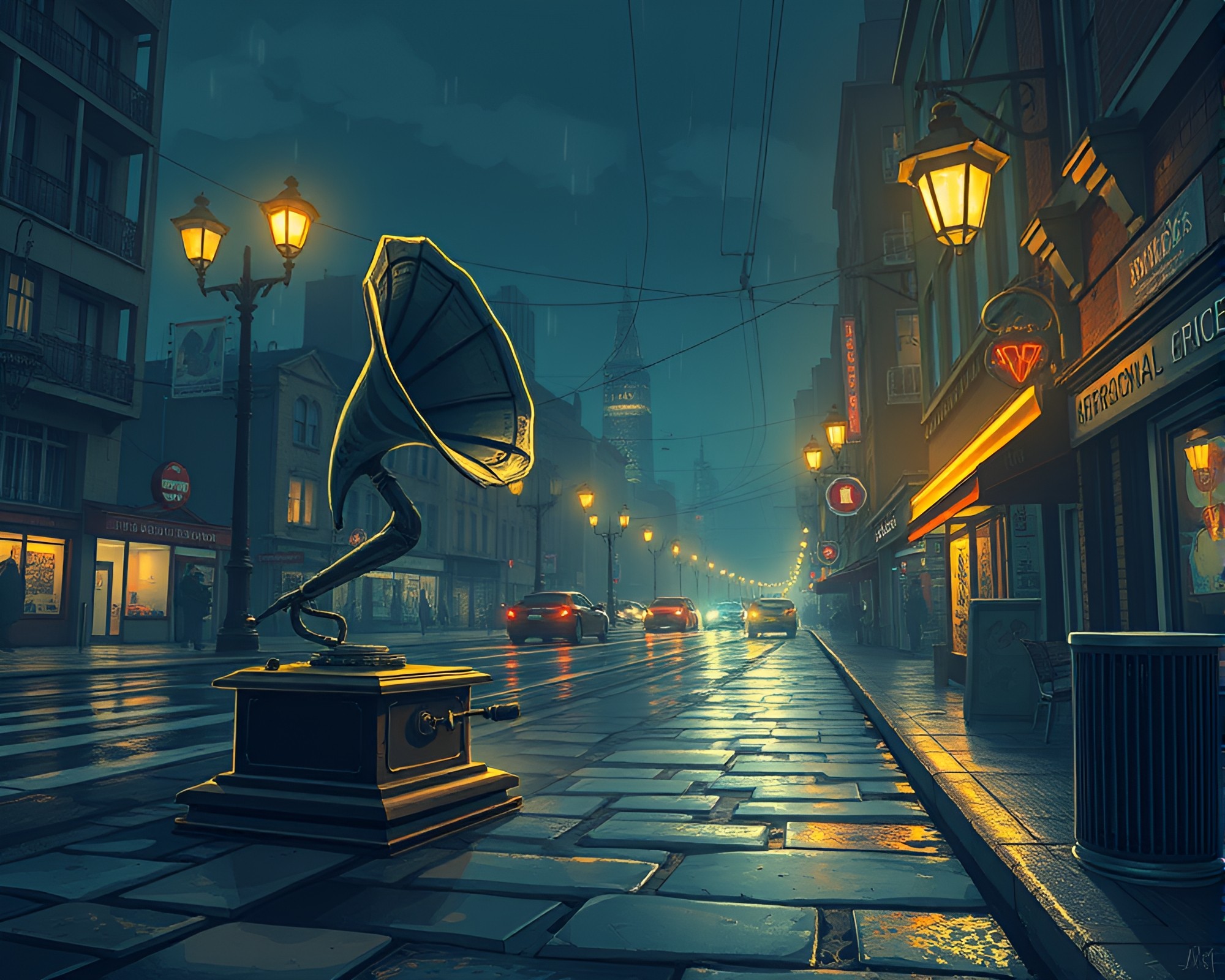 Steampunk Gramophone on Wet City Pavement at Night – free AI stock image