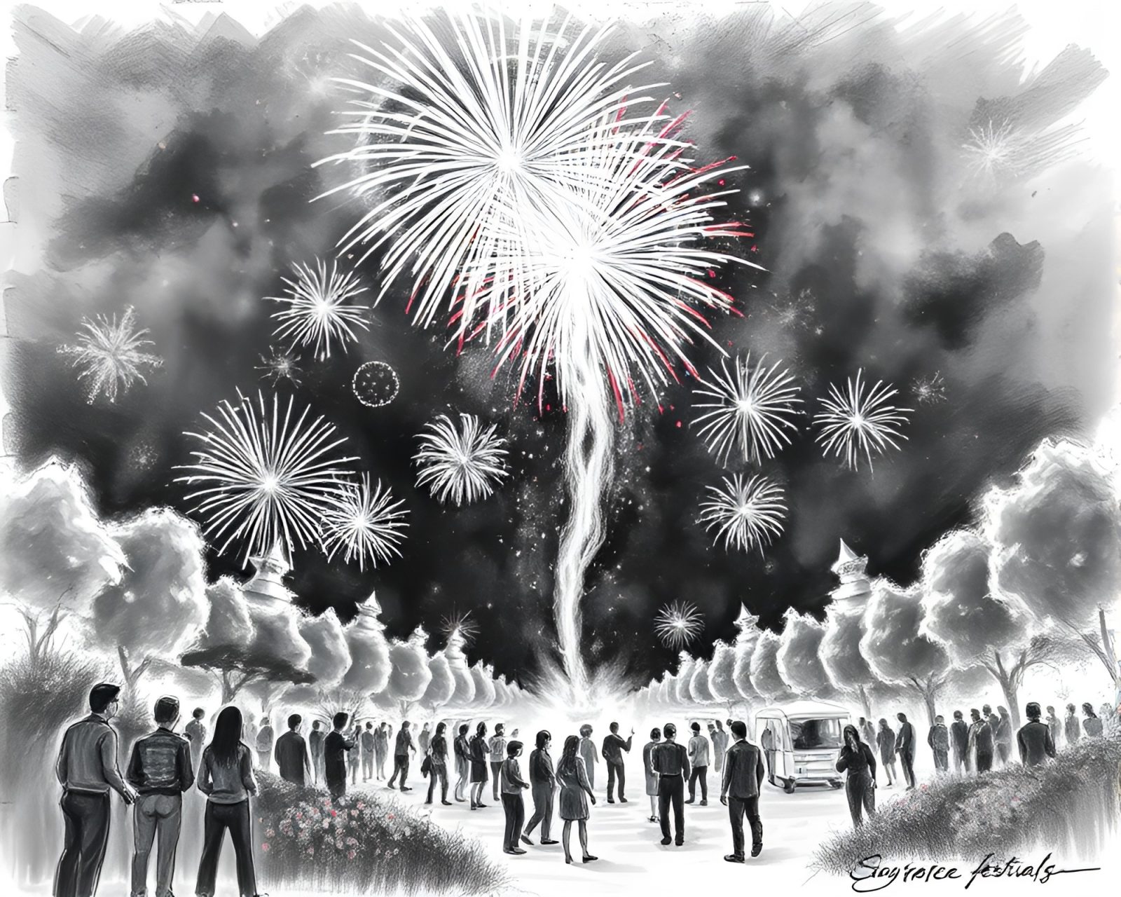 Charcoal sketch of swirling lights in mystical garden