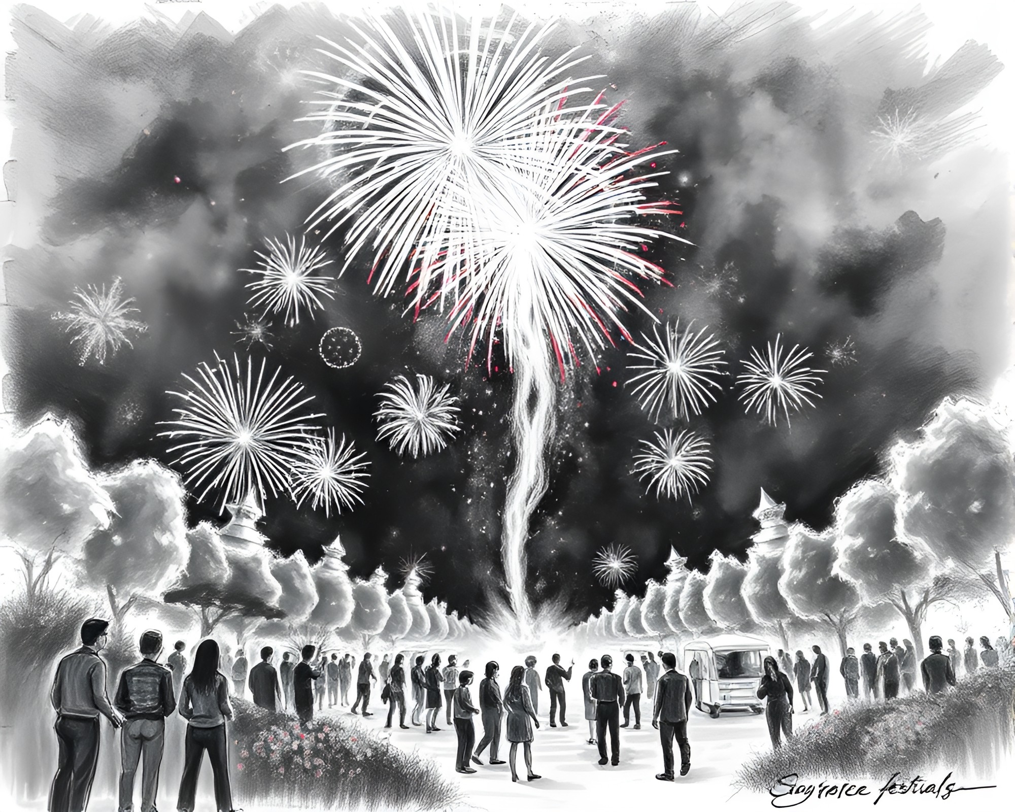 Twisting Vortex of Sky Garden Festival Fireworks – free AI stock image